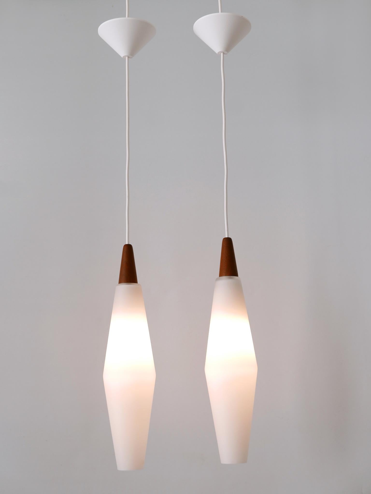 Set of Two Elegant Scandinavian Opaline Glass & Teak Pendant Lamps 1960s For Sale 7