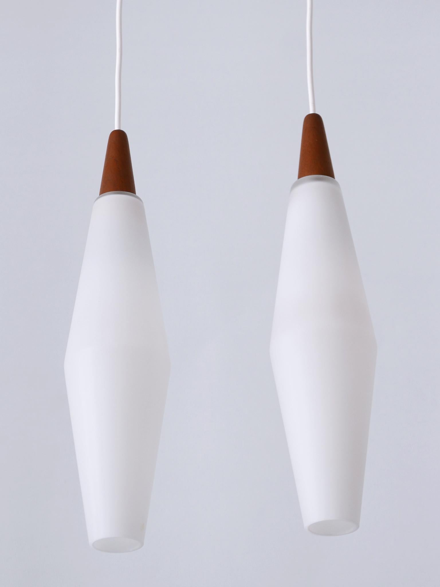 Set of Two Elegant Scandinavian Opaline Glass & Teak Pendant Lamps 1960s For Sale 8