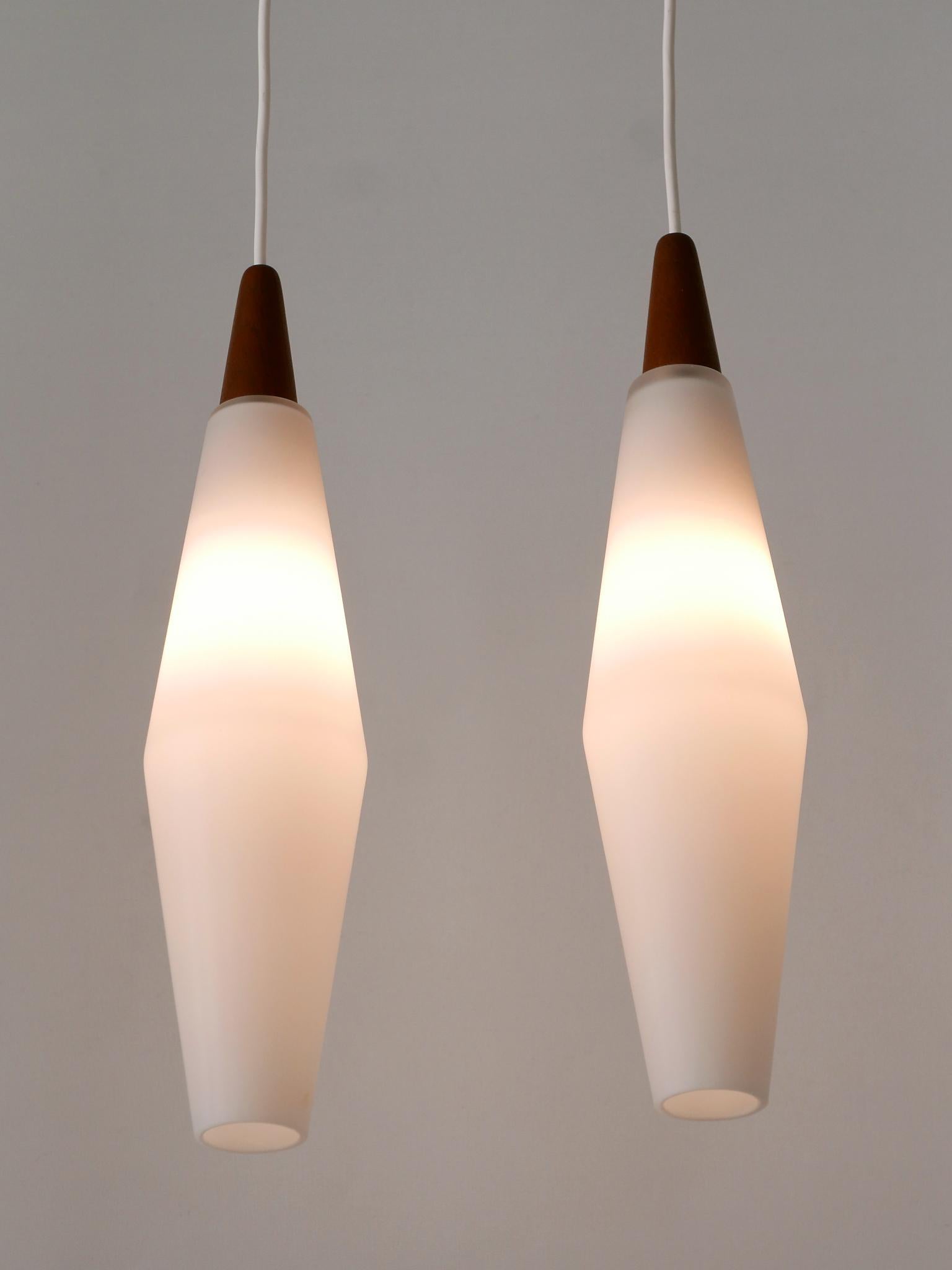 Set of Two Elegant Scandinavian Opaline Glass & Teak Pendant Lamps 1960s For Sale 9