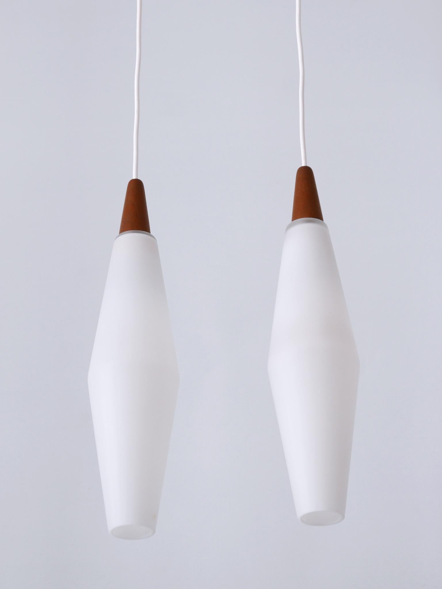 Set of Two Elegant Scandinavian Opaline Glass & Teak Pendant Lamps 1960s For Sale 10