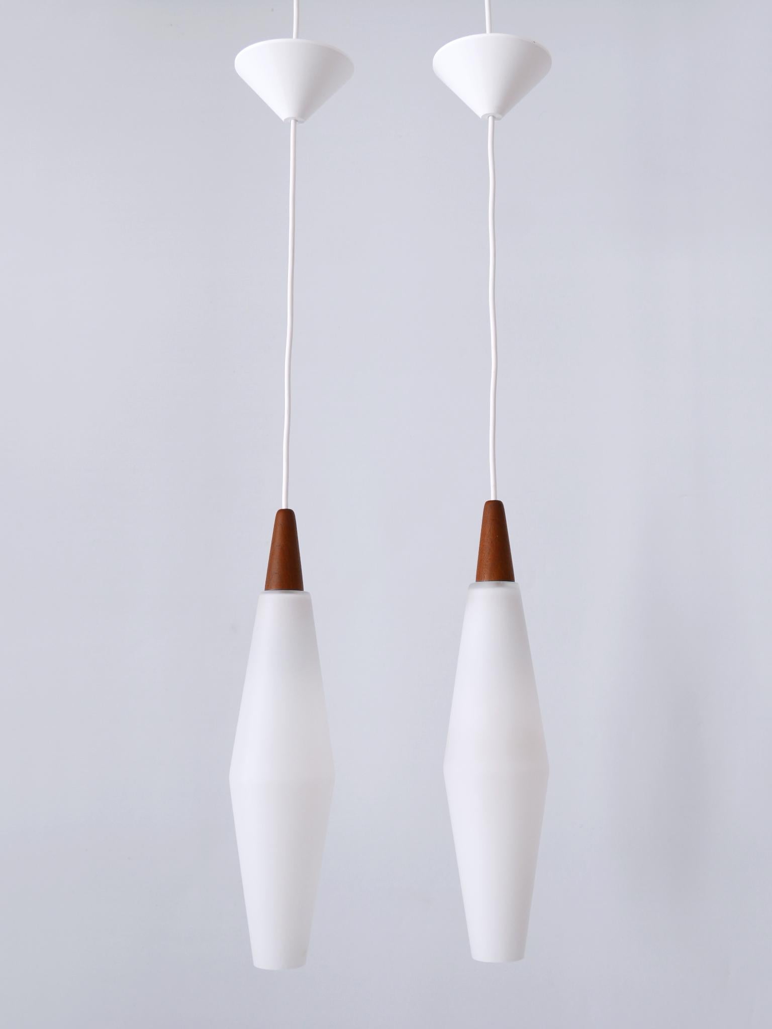 Mid-Century Modern Set of Two Elegant Scandinavian Opaline Glass & Teak Pendant Lamps 1960s For Sale