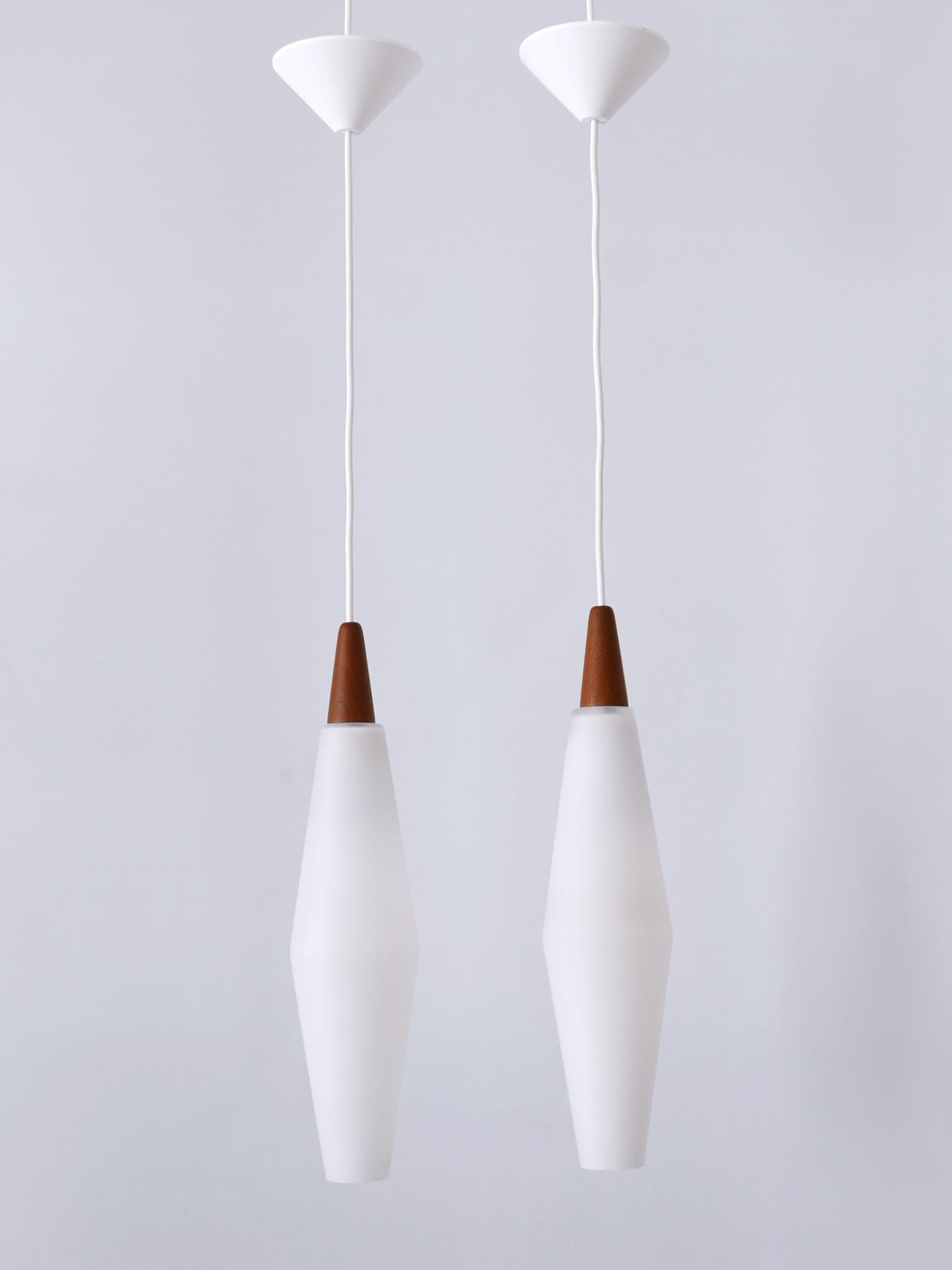 Mid-20th Century Set of Two Elegant Scandinavian Opaline Glass & Teak Pendant Lamps 1960s For Sale