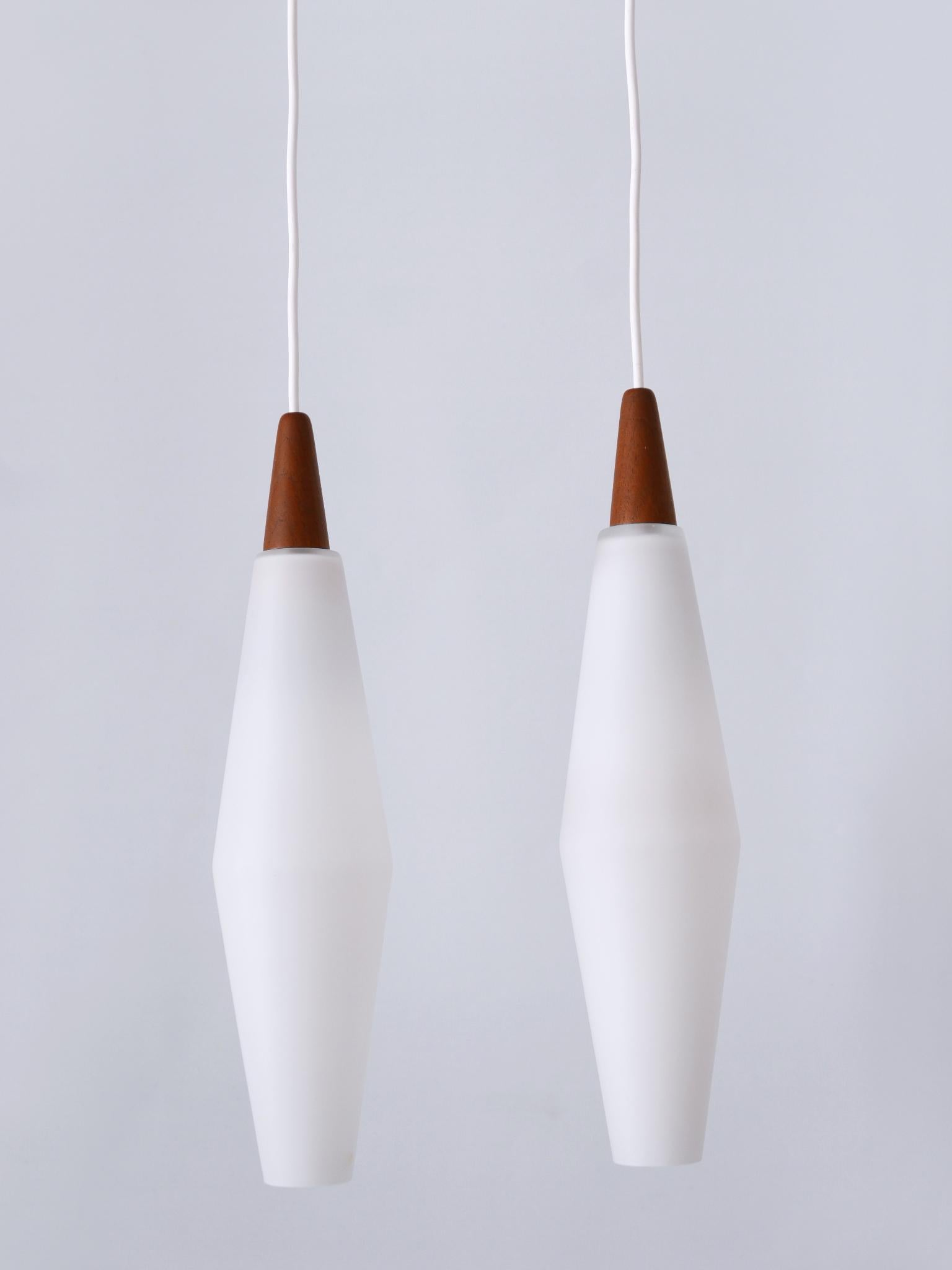 Set of Two Elegant Scandinavian Opaline Glass & Teak Pendant Lamps 1960s For Sale 1