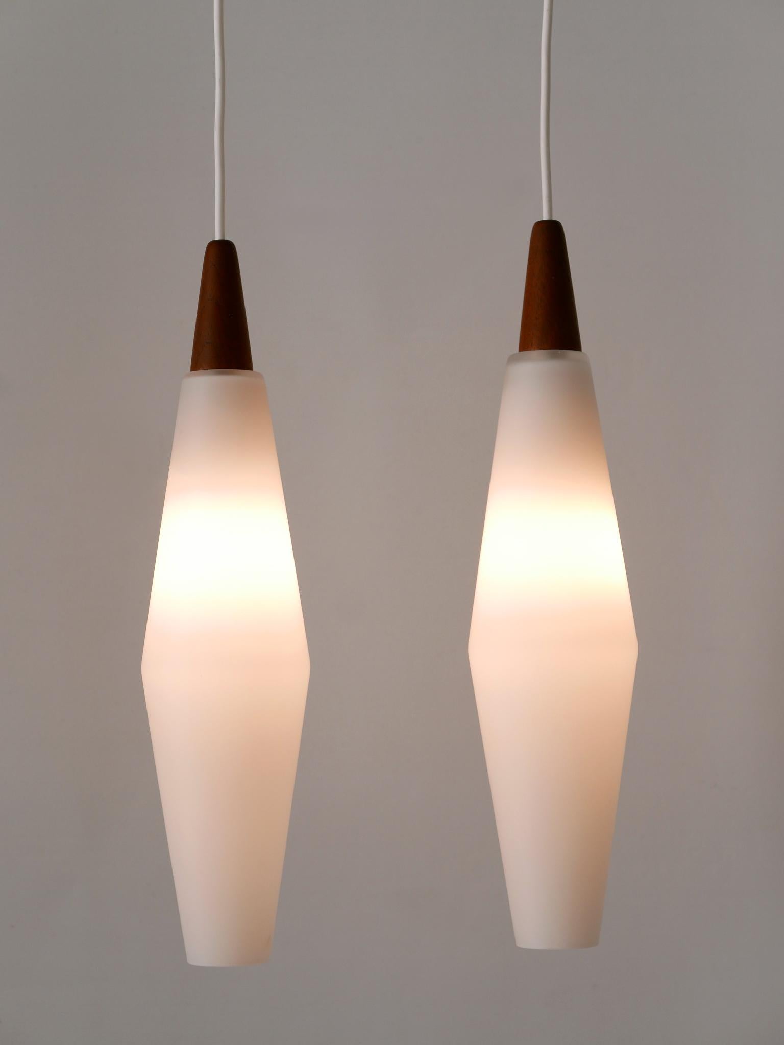 Set of Two Elegant Scandinavian Opaline Glass & Teak Pendant Lamps 1960s For Sale 2