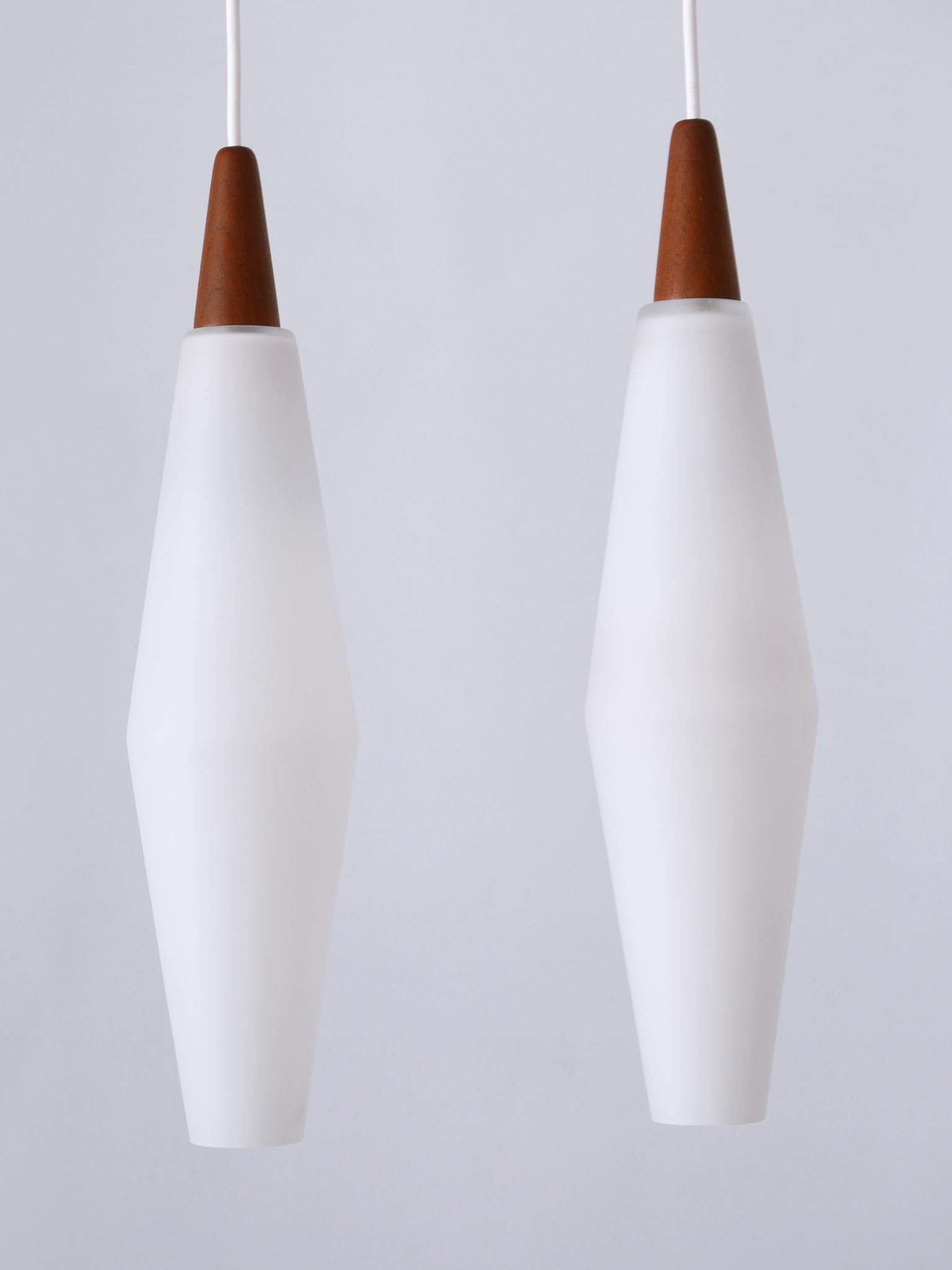 Set of Two Elegant Scandinavian Opaline Glass & Teak Pendant Lamps 1960s For Sale 3