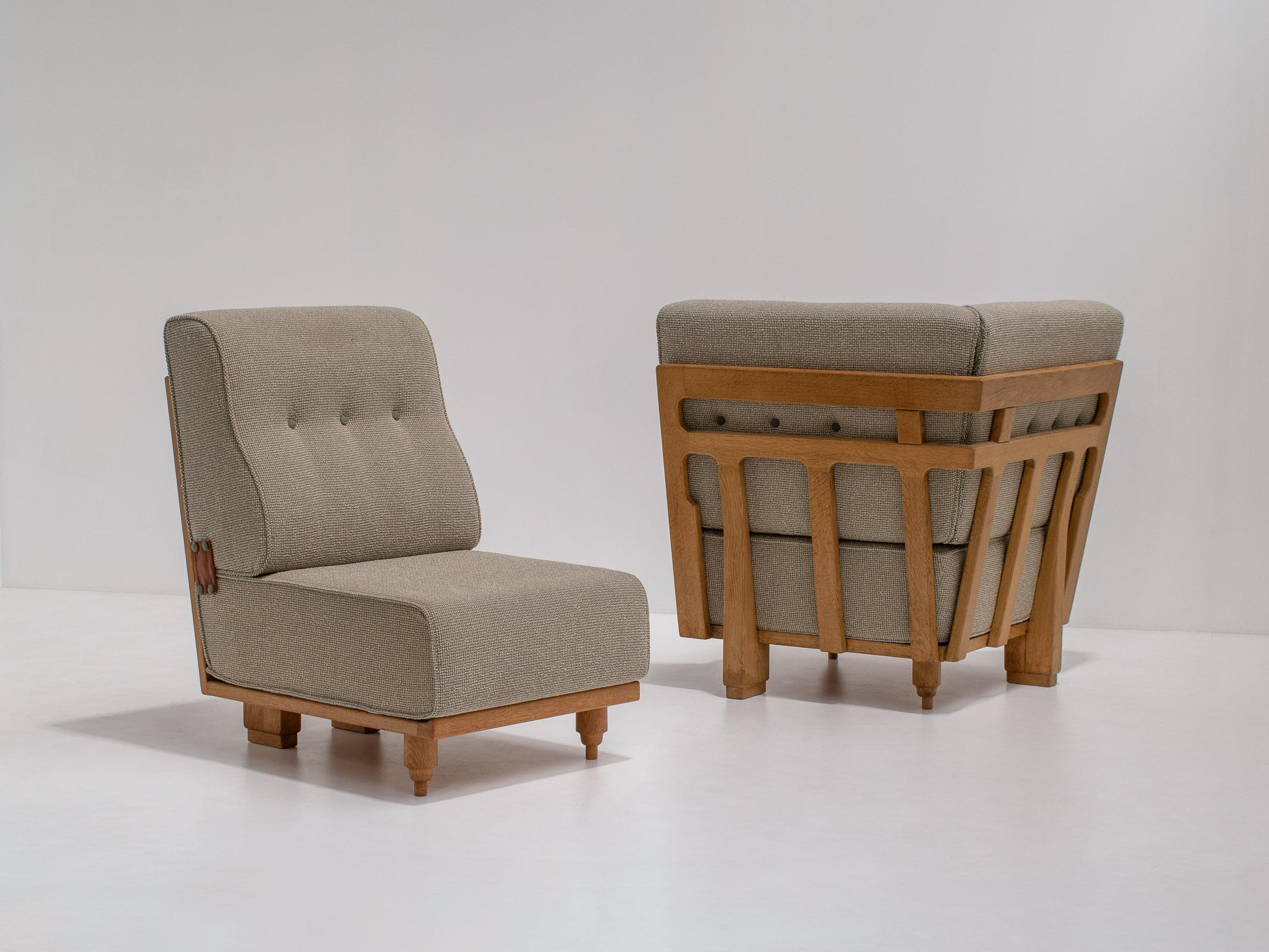 Set of two 'Elmyre' lounge chairs by Guillerme et Chambron, France, 1960s

What is typical for the designs of Guillerme et Chambron, is the sculptural frames, the natural materials and the plush cushions. What makes these extra special is their low