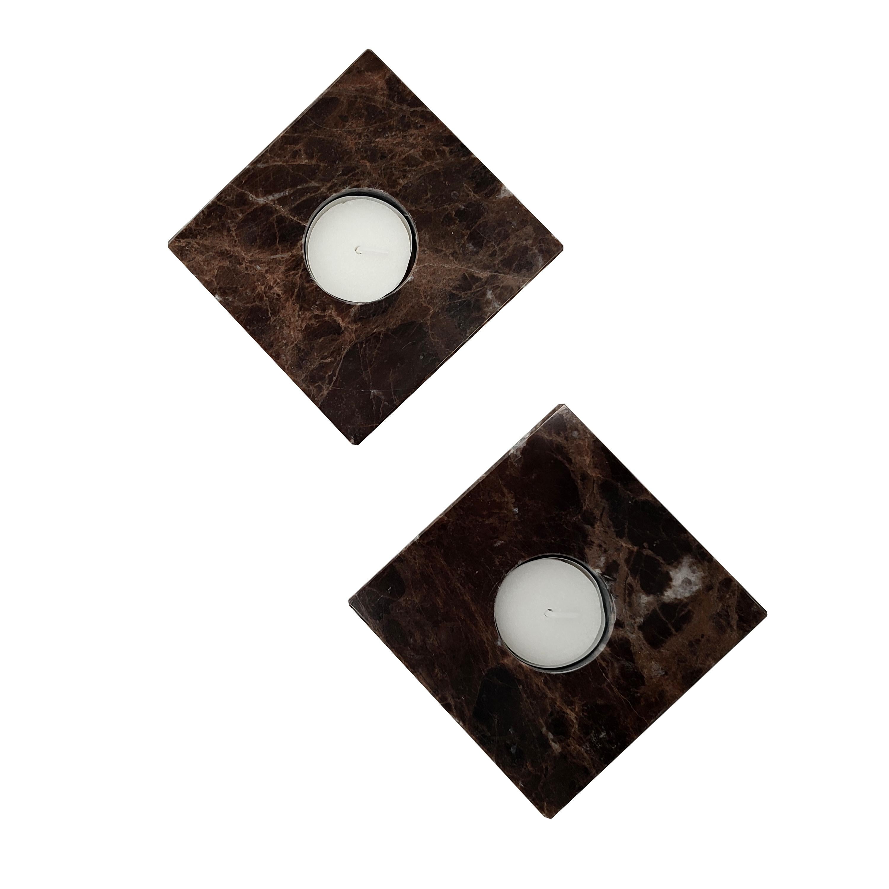Spanish Set of Two Emperor Brown Marble Candle Holders Design Mother’s Day Gift Spain For Sale