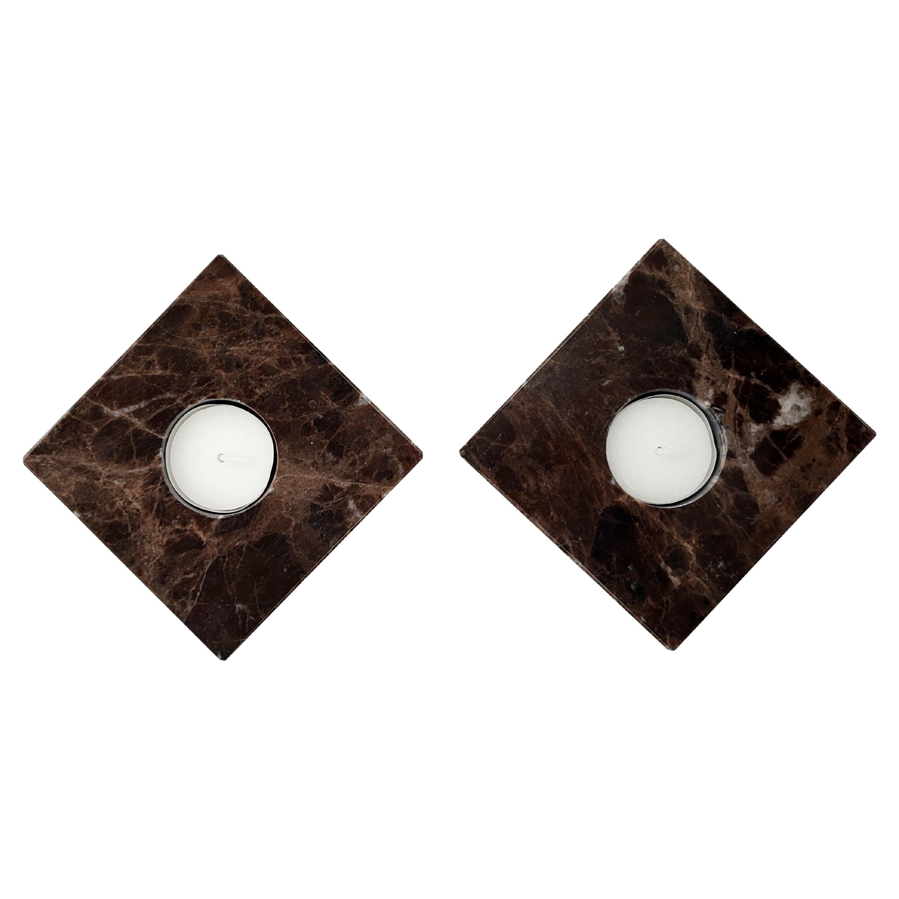 Set of Two Emperor Brown Marble Candle Holders Design Mother’s Day Gift Spain