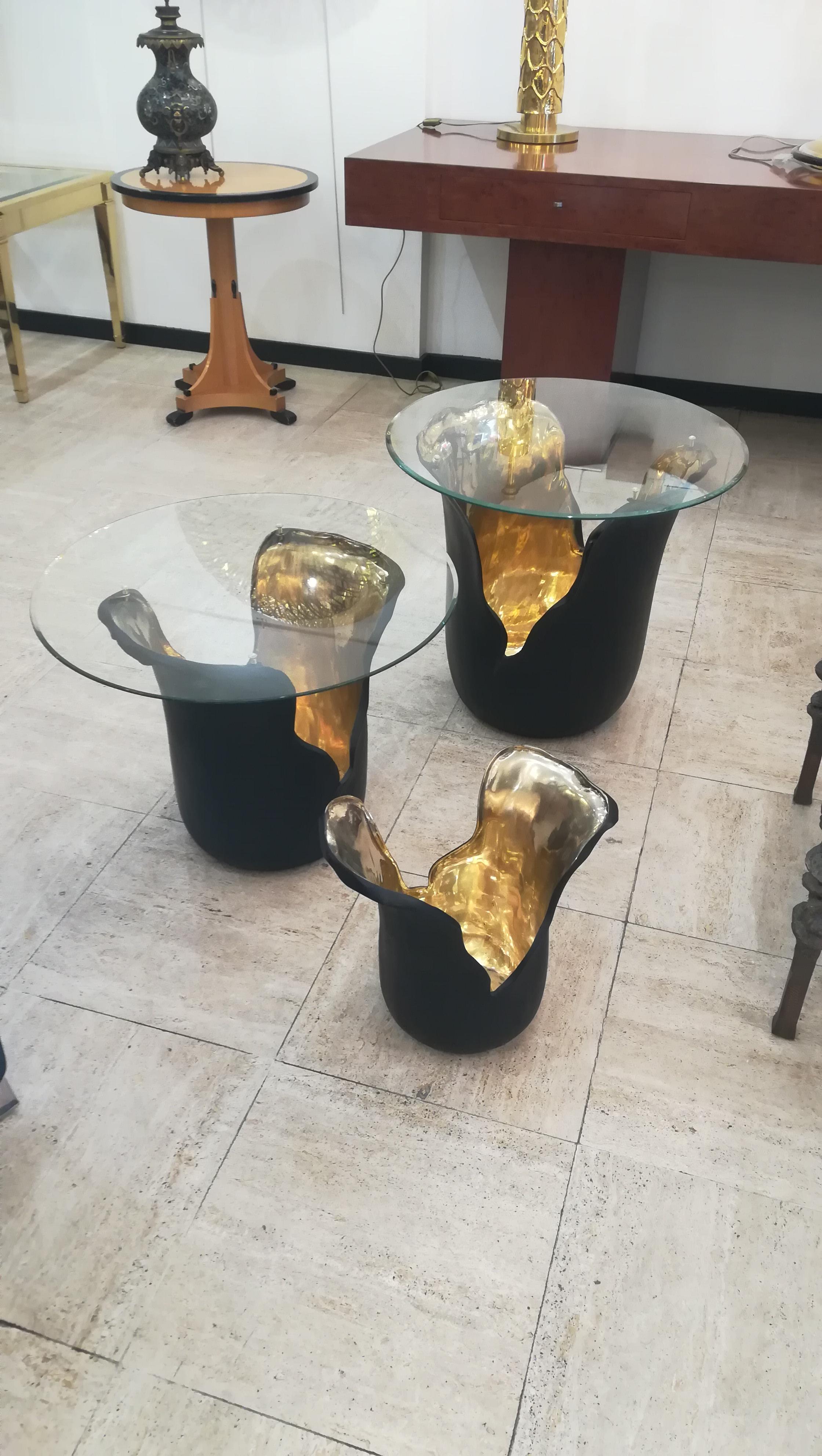 French Set of Two End Tables and One Vase in Bronze