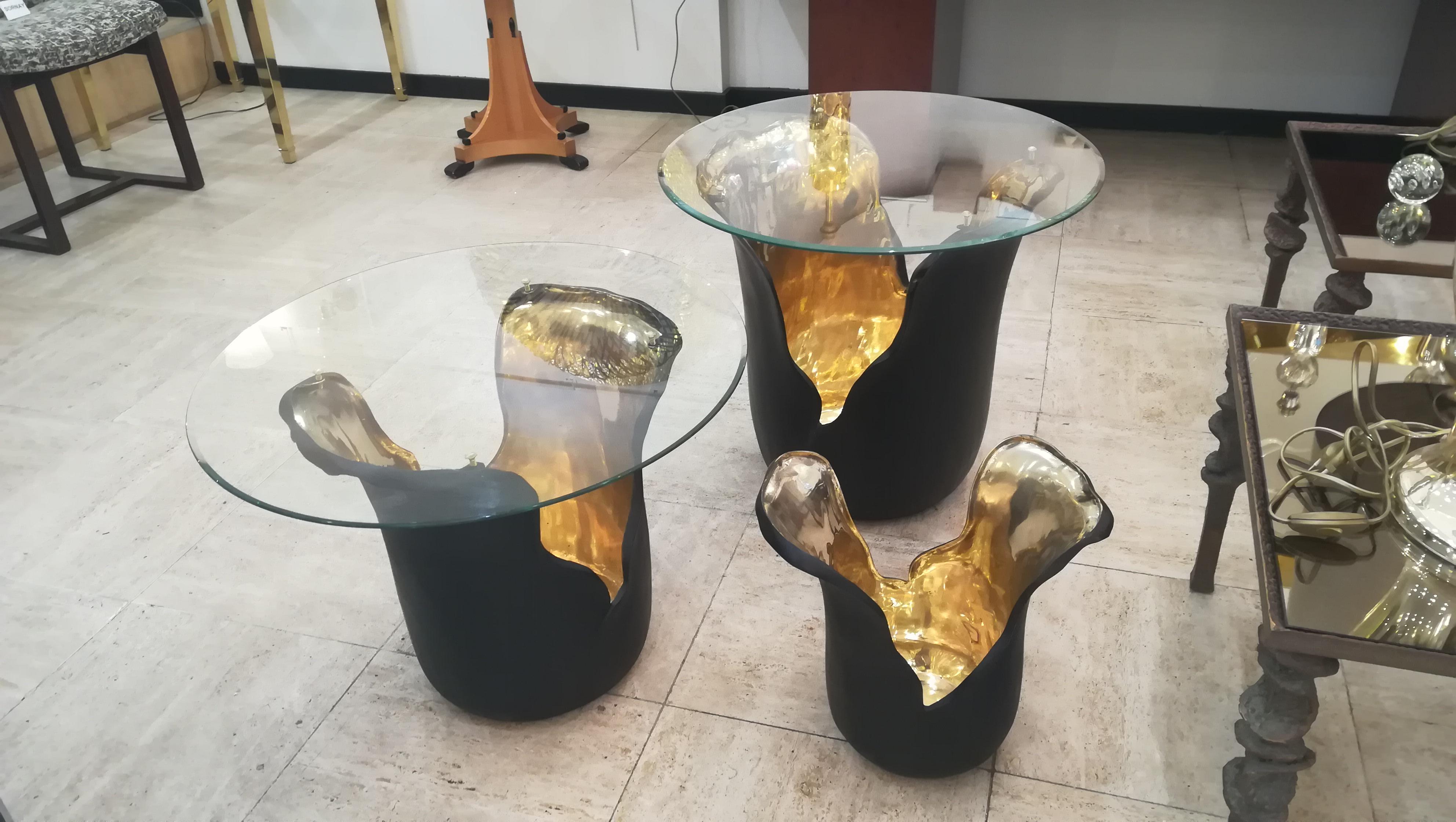 Contemporary Set of Two End Tables and One Vase in Bronze