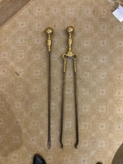 Set of Two English Brass & Iron Fire Tools, Poker & Tongs, circa 1860
