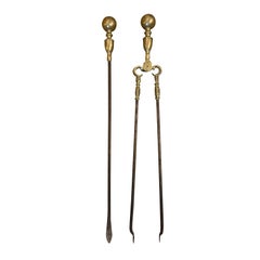 Antique Set of Two English Brass & Iron Fire Tools, Poker & Tongs, circa 1860