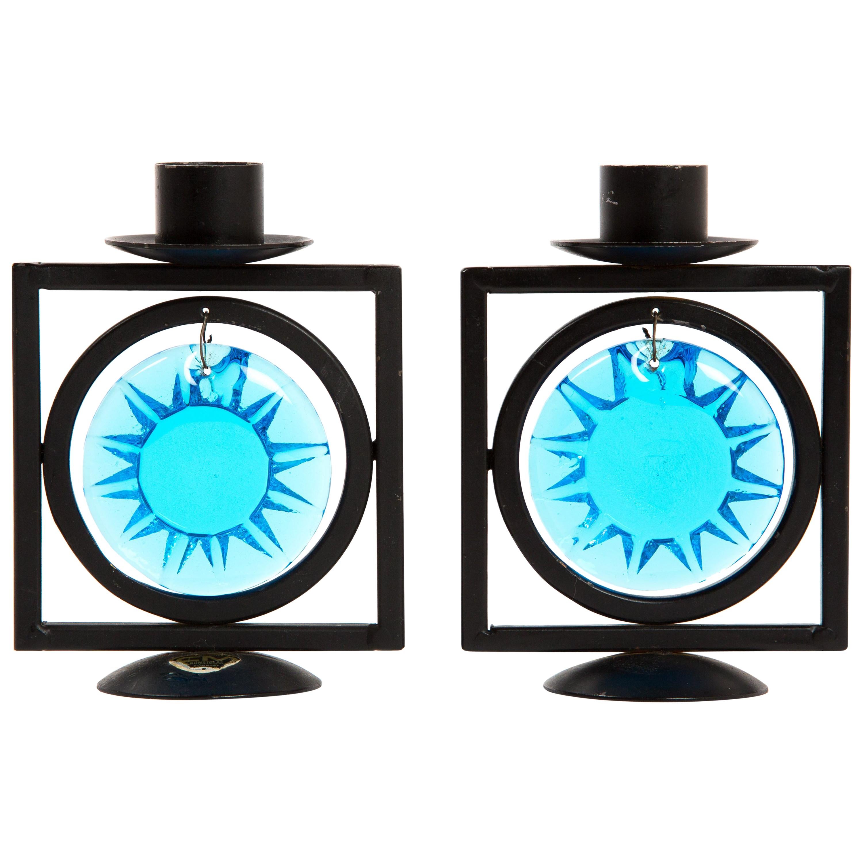 Set of Two Erik Hoglund Candelabras with Blue Art Glass
