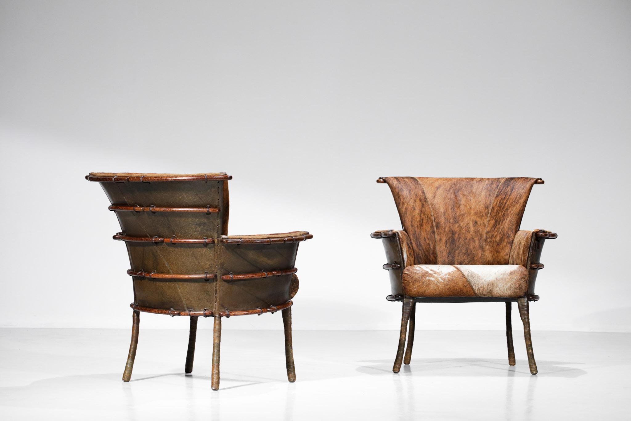 Set aus zwei von ethnisch inspirierten Sesseln im Stil der 30er Jahre aus Palmenholz E541 (Unbekannt) im Angebot