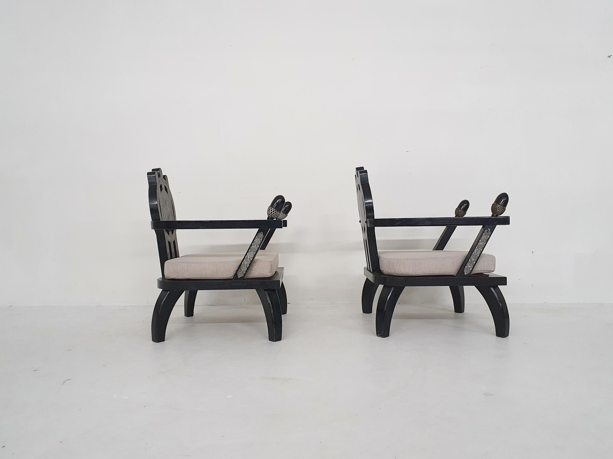 Oak Set of Two Ettorre Zaccari Lounge Chairs, Italy 1910's