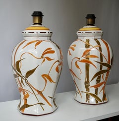 Set of Two Exceptional Mid-Century Modern Ceramic Bamboo Table Lamps, Italy