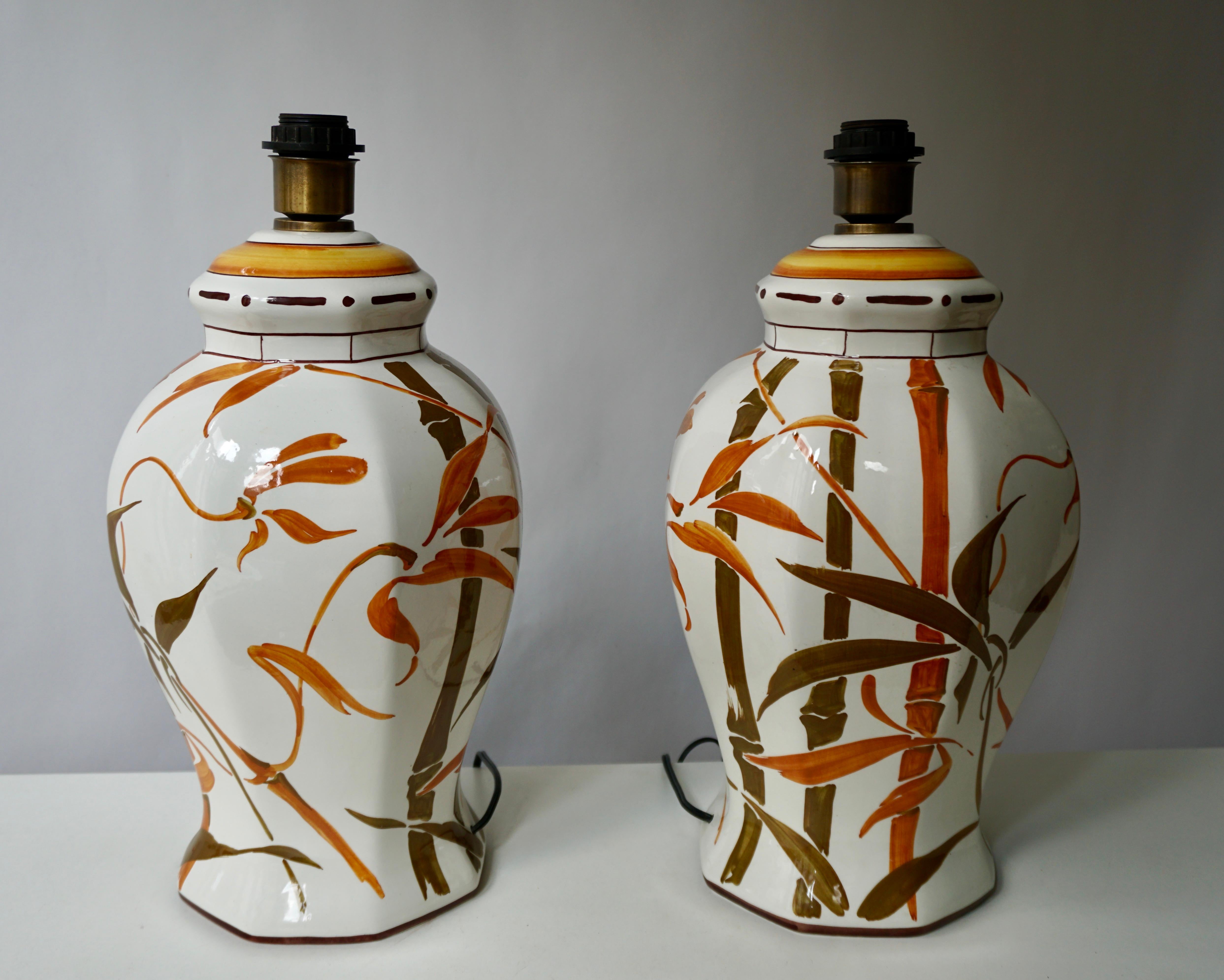 Italian Set of Two Exceptional Mid-Century Modern Ceramic Bamboo Table Lamps, Italy For Sale