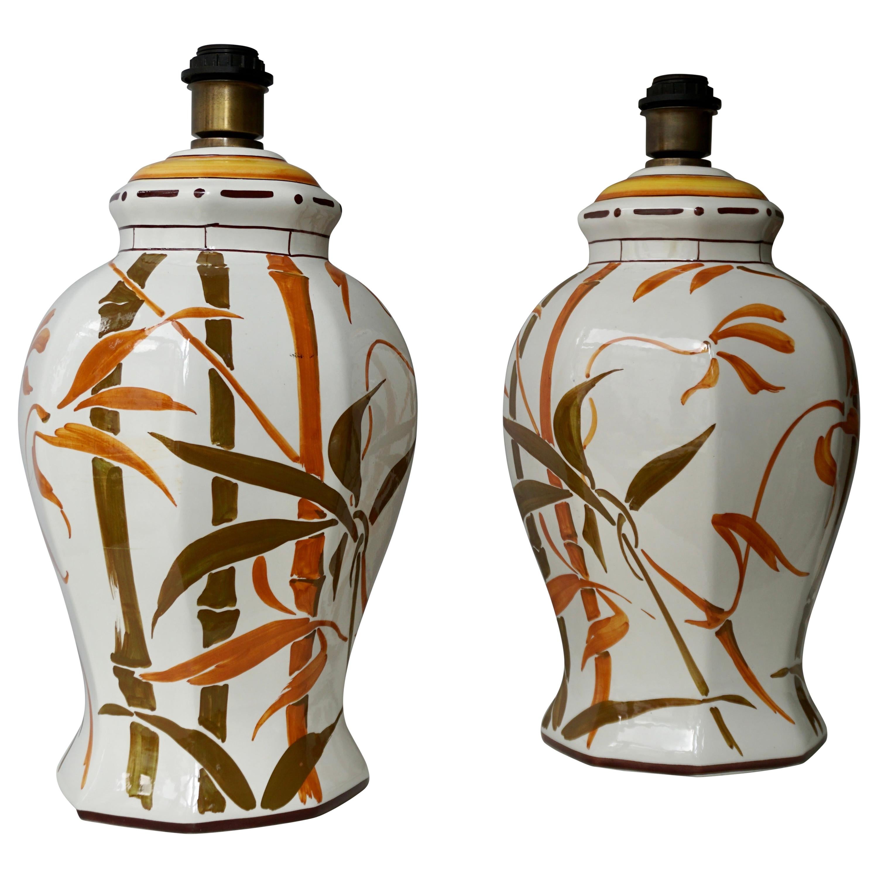 Set of Two Exceptional Mid-Century Modern Ceramic Bamboo Table Lamps, Italy