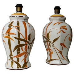 Vintage Set of Two Exceptional Mid-Century Modern Ceramic Bamboo Table Lamps, Italy