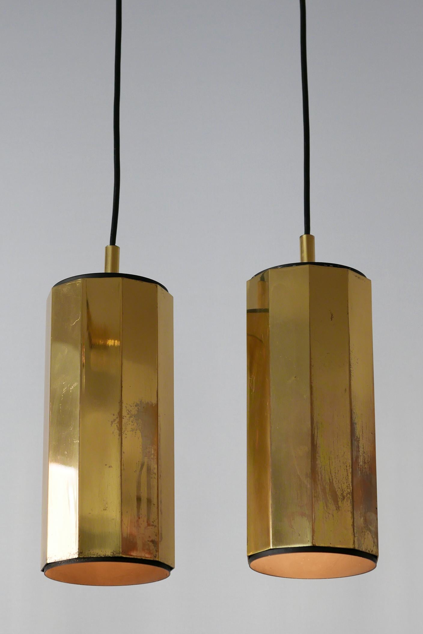 Polished Set of Two Exceptional Mid-Century Modern Decagonal Brass Pendant Lamps, 1960s