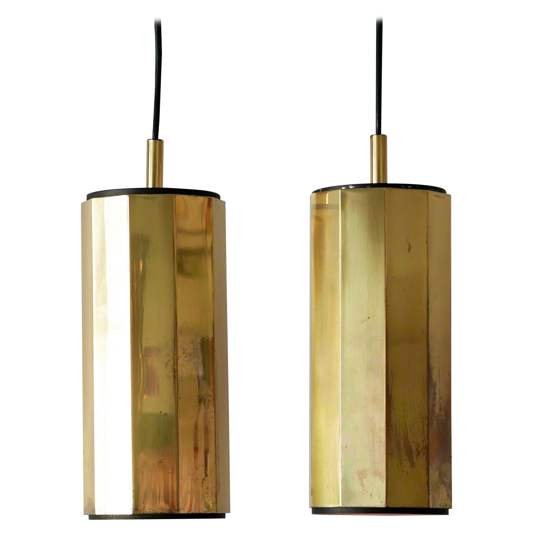 Set of Two Exceptional Mid-Century Modern Decagonal Brass Pendant Lamps, 1960s