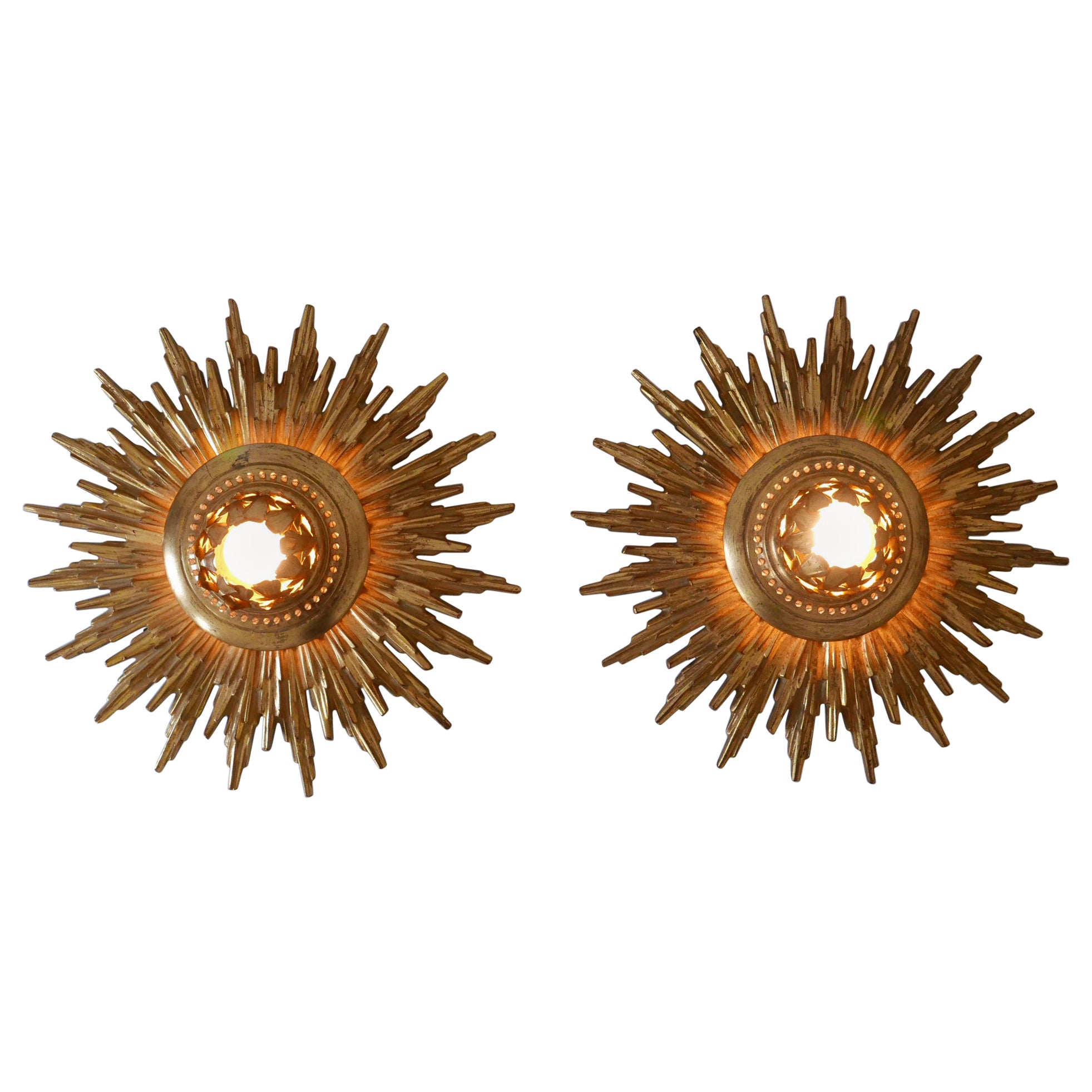 Set of Two Exceptional Mid Century Modern Gilt Flush Mounts or Sconces 1950s