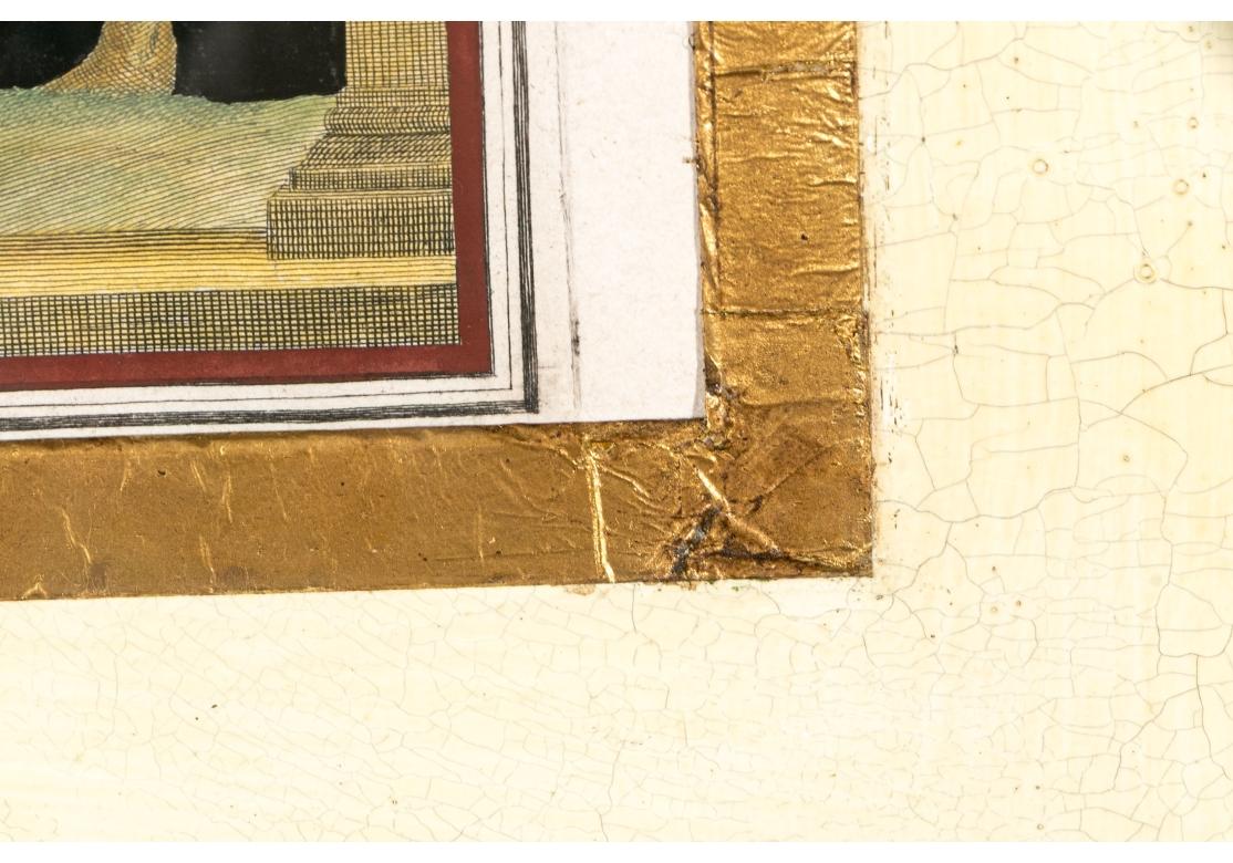 Set Of Two Exceptionally Framed Hand-colored 18th C. Engravings 
An exceptionally custom framed set of two hand-colored 18th C. engravings on paper. The hand-colored prints depict architectural interior and exterior settings. The two book plate