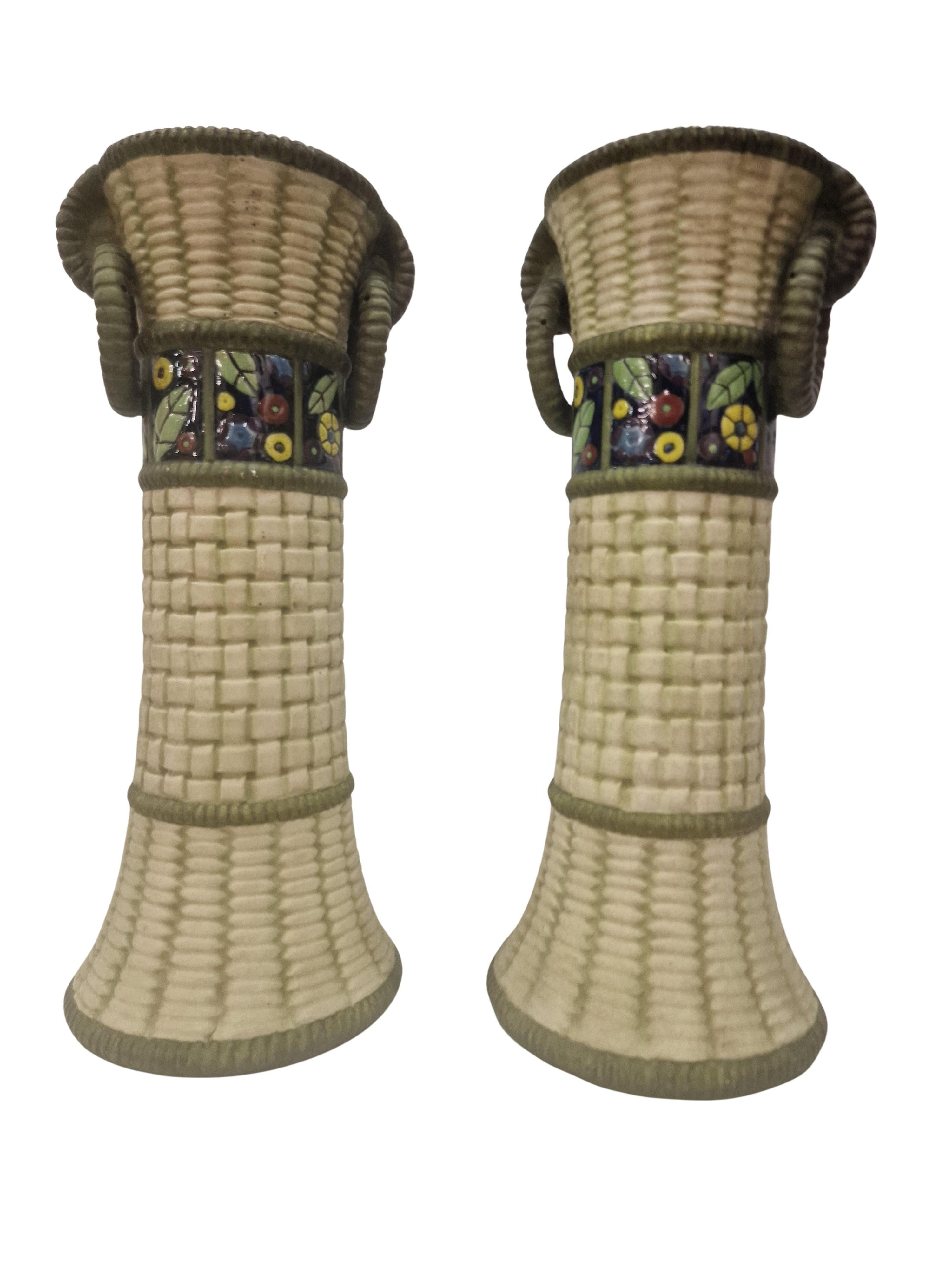 Set of two exceptionally rare majolika basket vases, Amphora, 1910s Bohemia For Sale 2