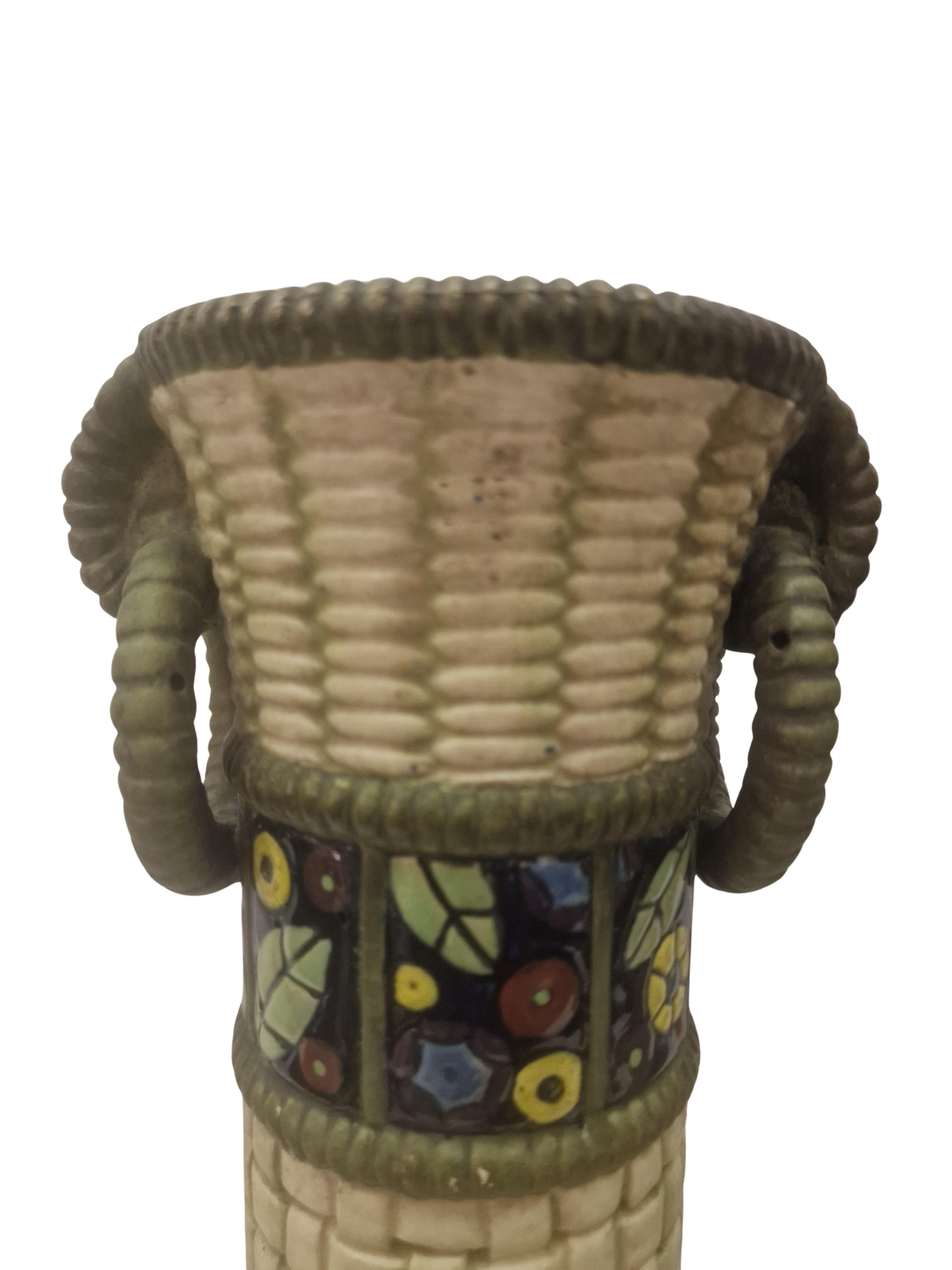Czech Set of two exceptionally rare majolika basket vases, Amphora, 1910s Bohemia For Sale