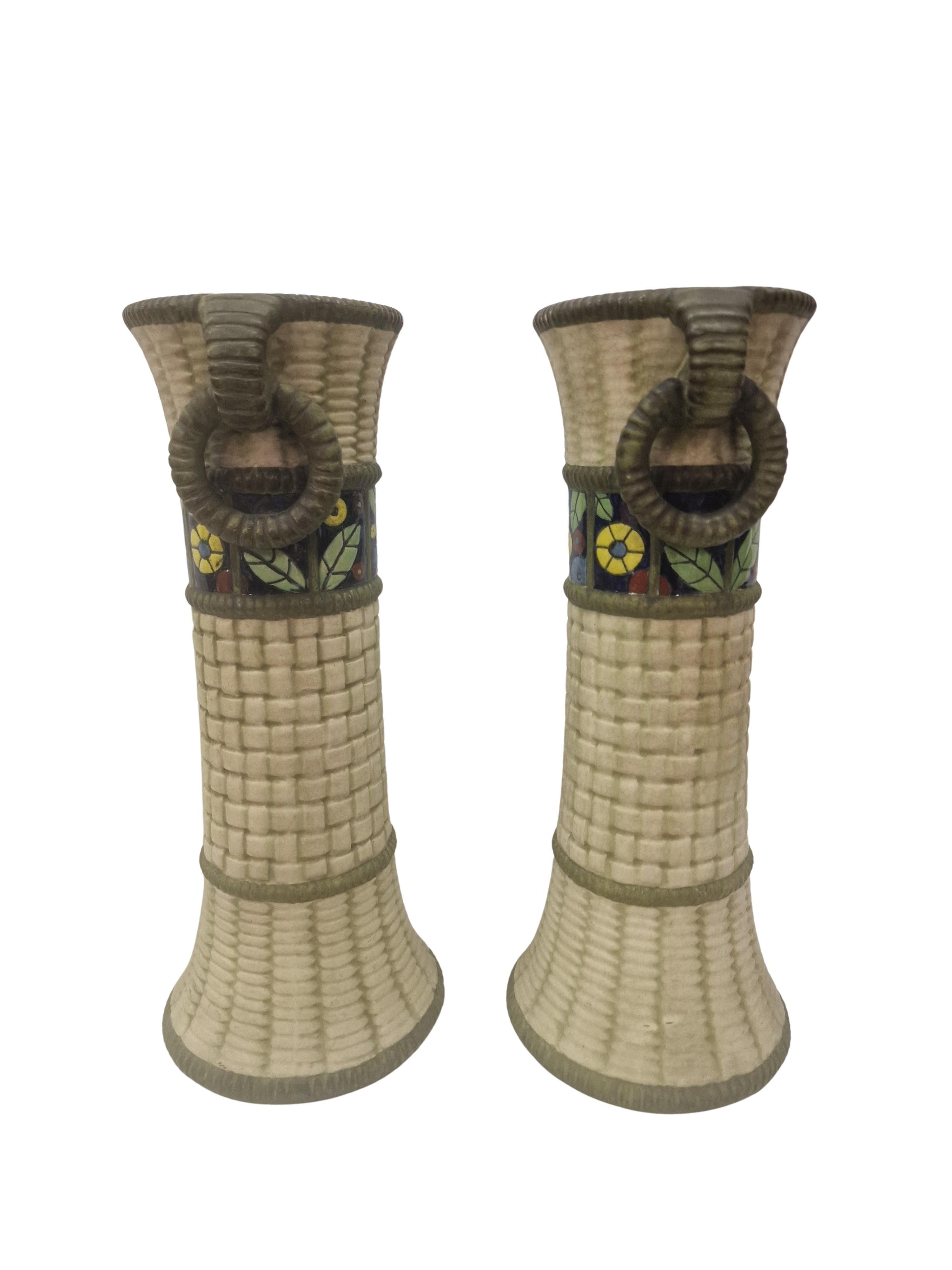 Hand-Crafted Set of two exceptionally rare majolika basket vases, Amphora, 1910s Bohemia For Sale