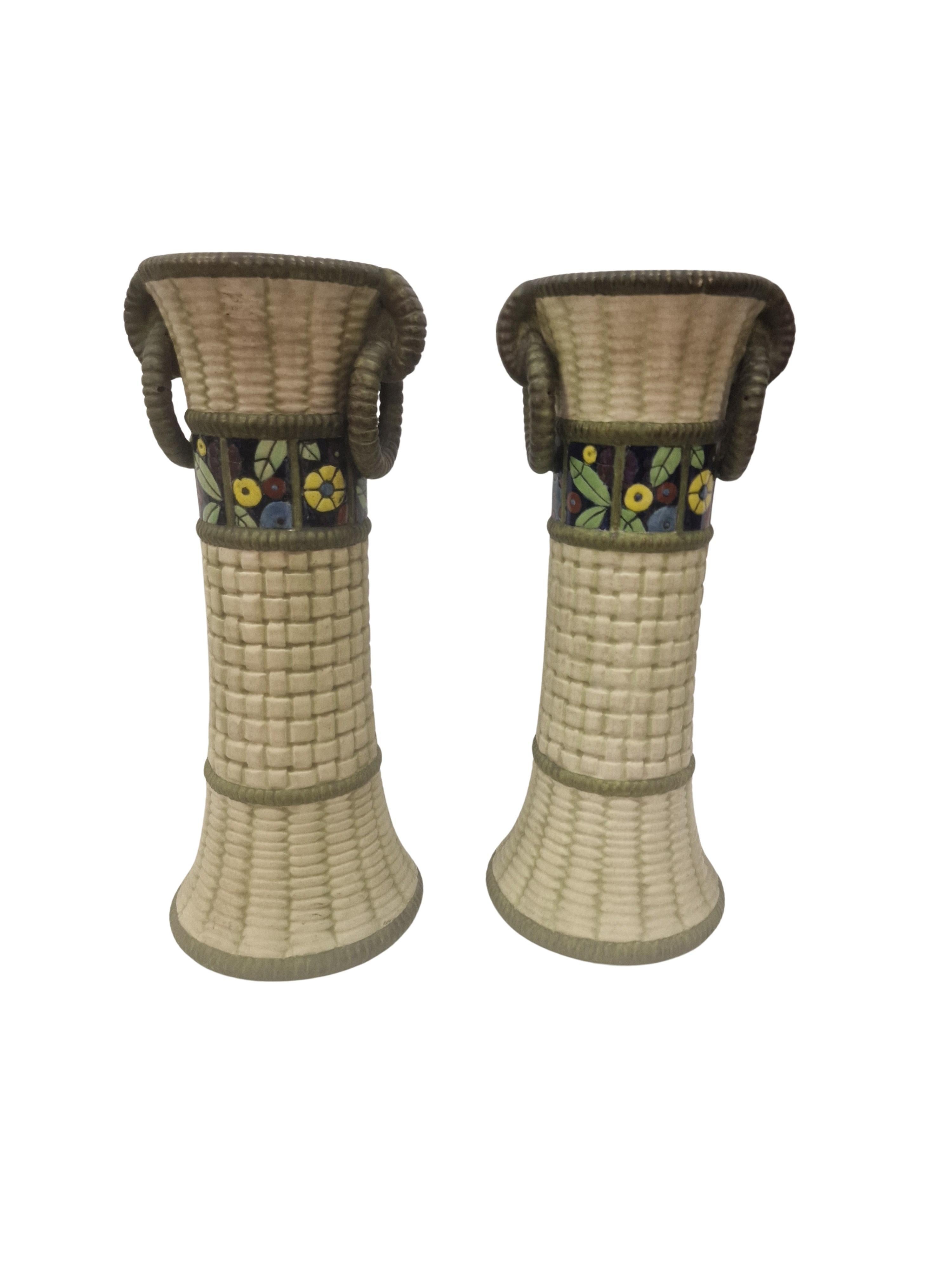 Set of two exceptionally rare majolika basket vases, Amphora, 1910s Bohemia In Good Condition For Sale In Wien, AT