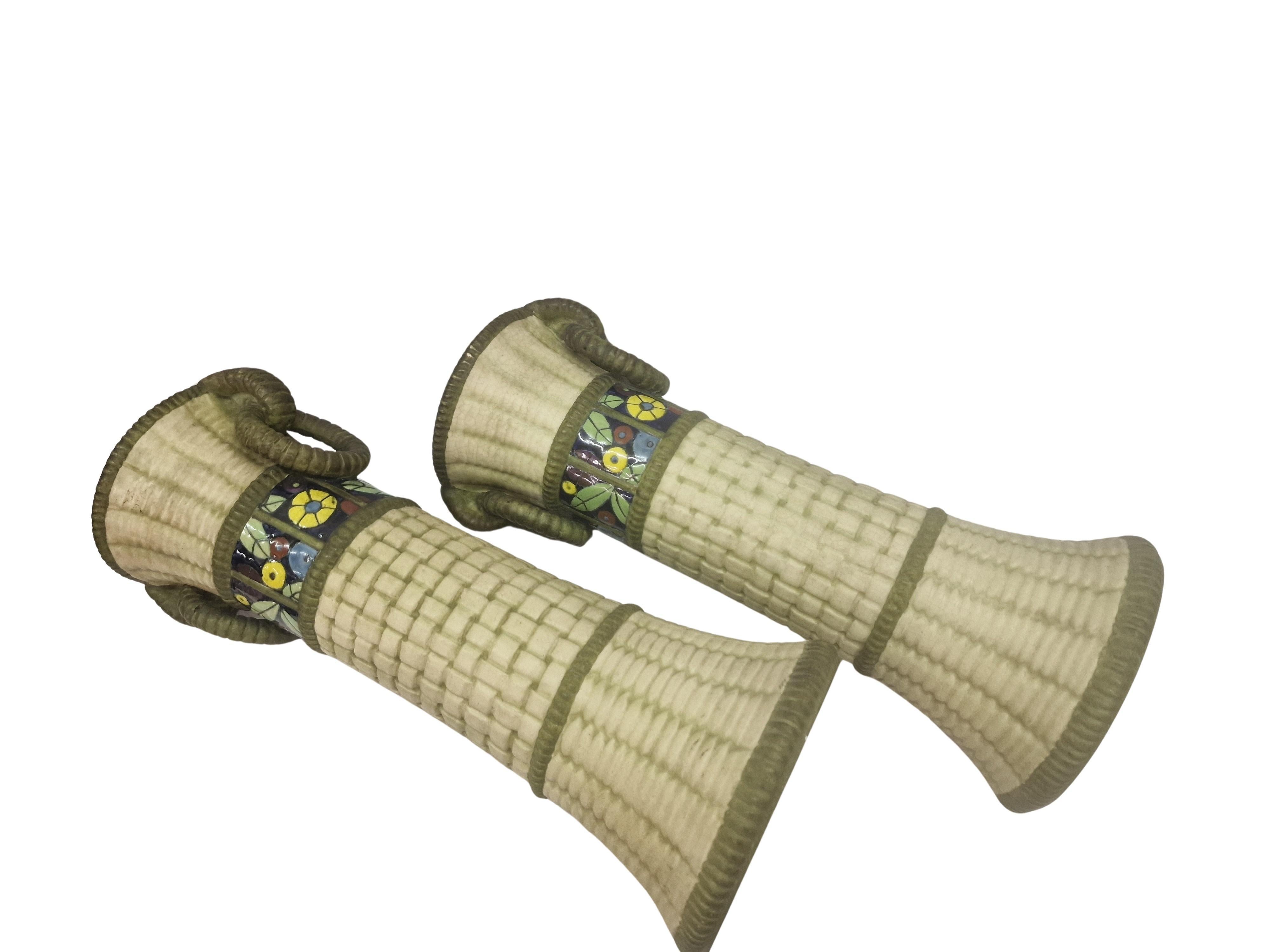 Majolica Set of two exceptionally rare majolika basket vases, Amphora, 1910s Bohemia For Sale