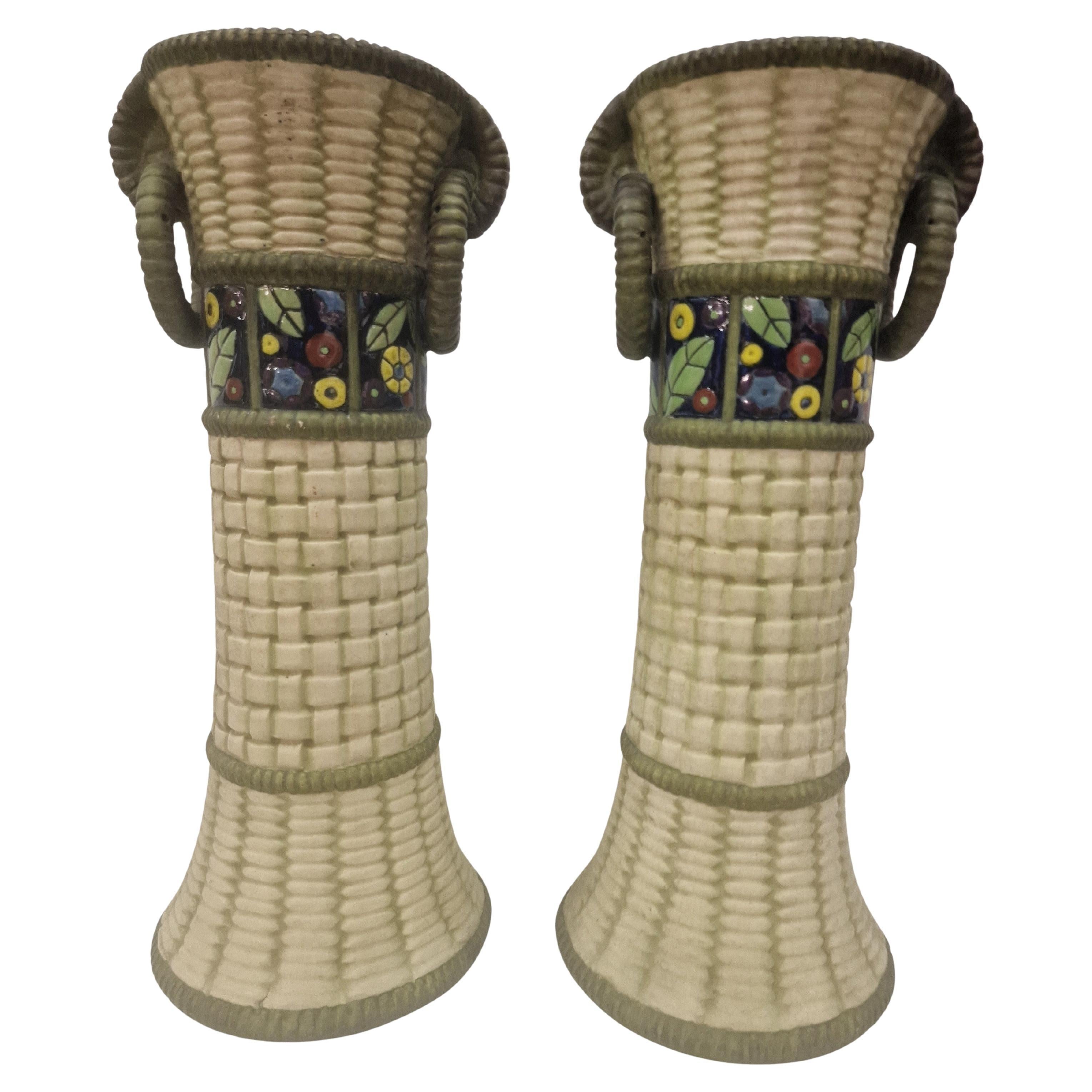 Set of two exceptionally rare majolika basket vases, Amphora, 1910s Bohemia For Sale
