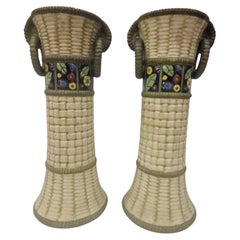 Set of two exceptionally rare majolika basket vases, Amphora, 1910s Bohemia