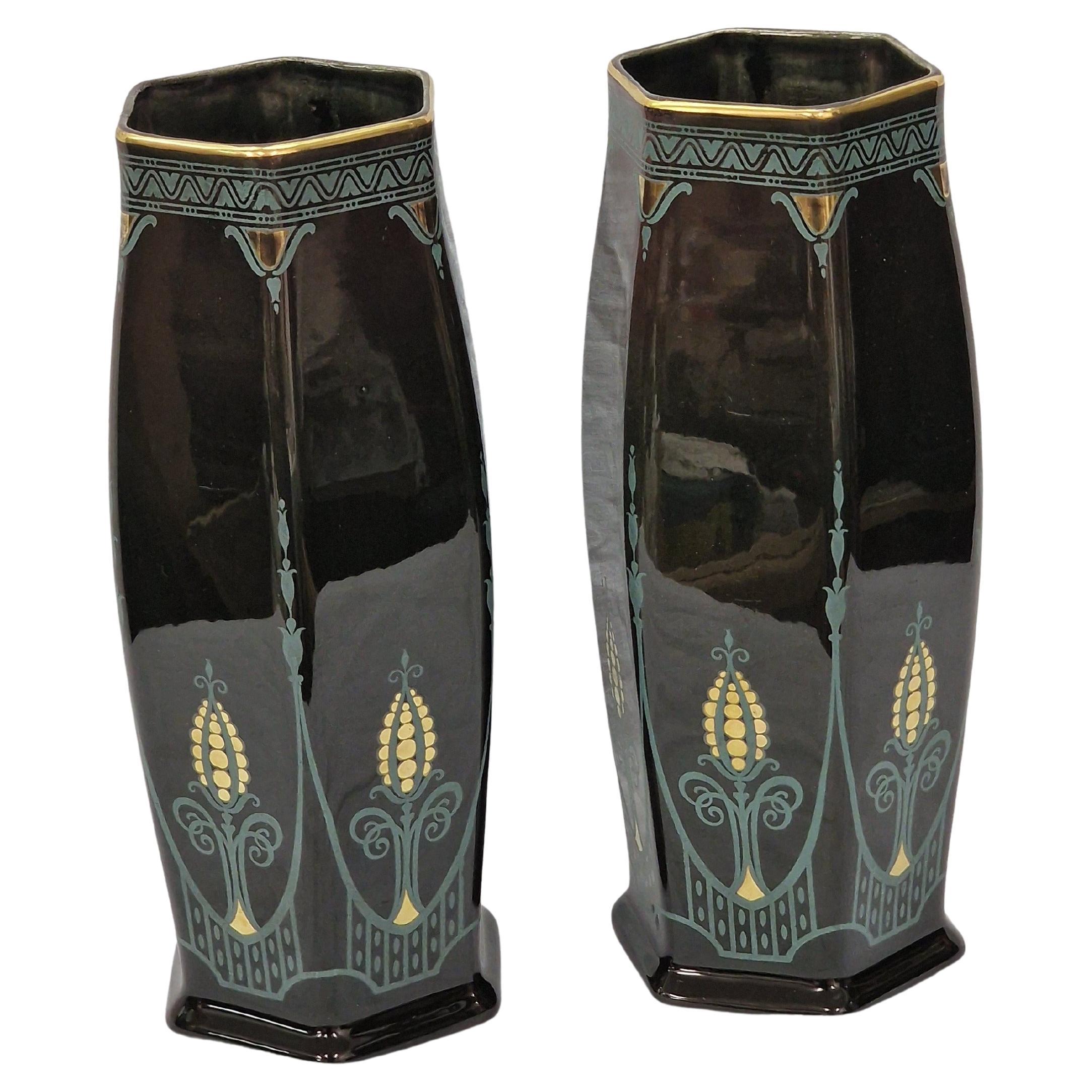 Set of two exceptionally rare Sezession vases Villeroy Boch 1910 Dresden Germany