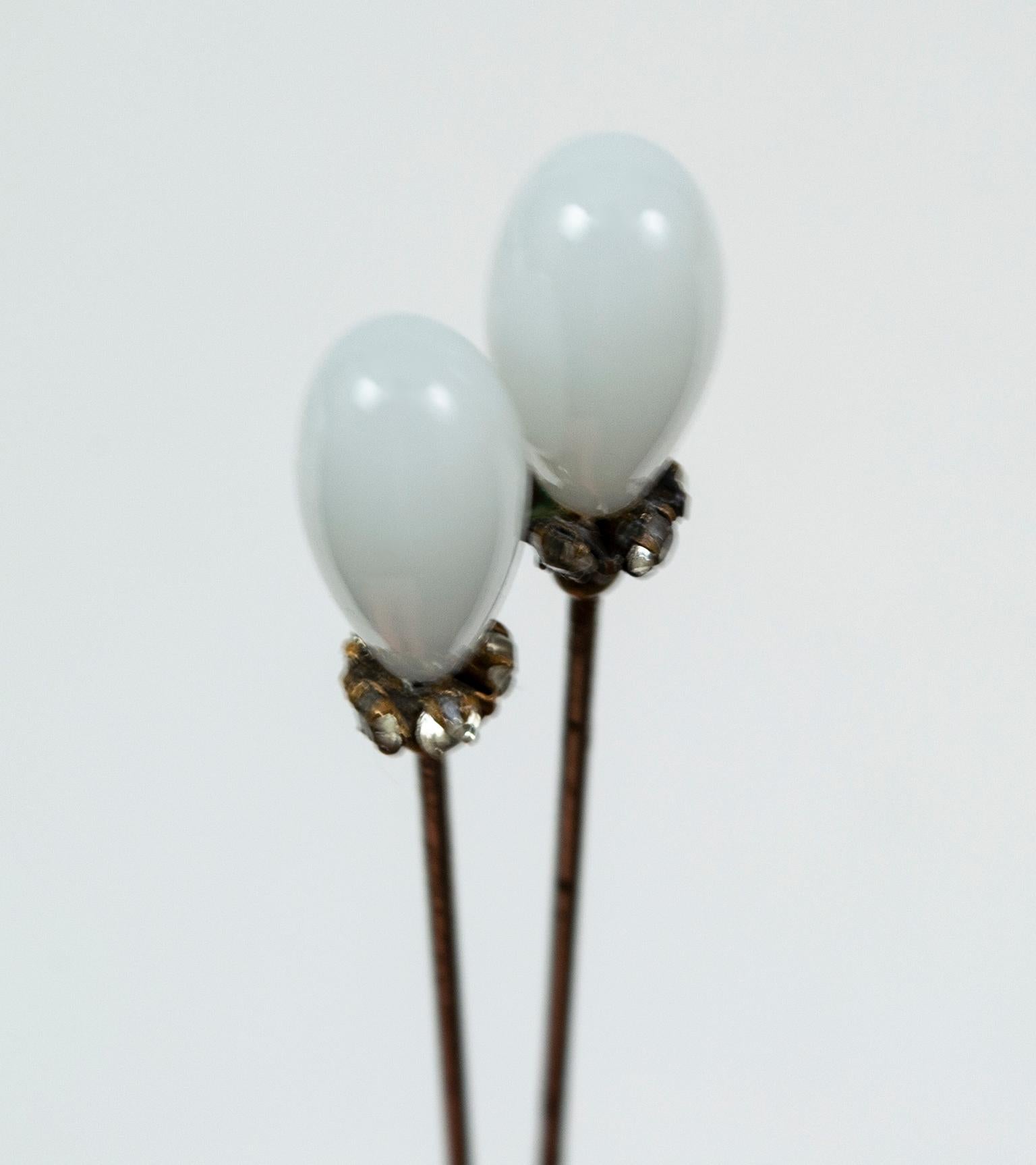 Aesthetic Movement Set of Two Extra Long Victorian Milk Glass Teardrop Hat Pins with Crystals, 1900 For Sale