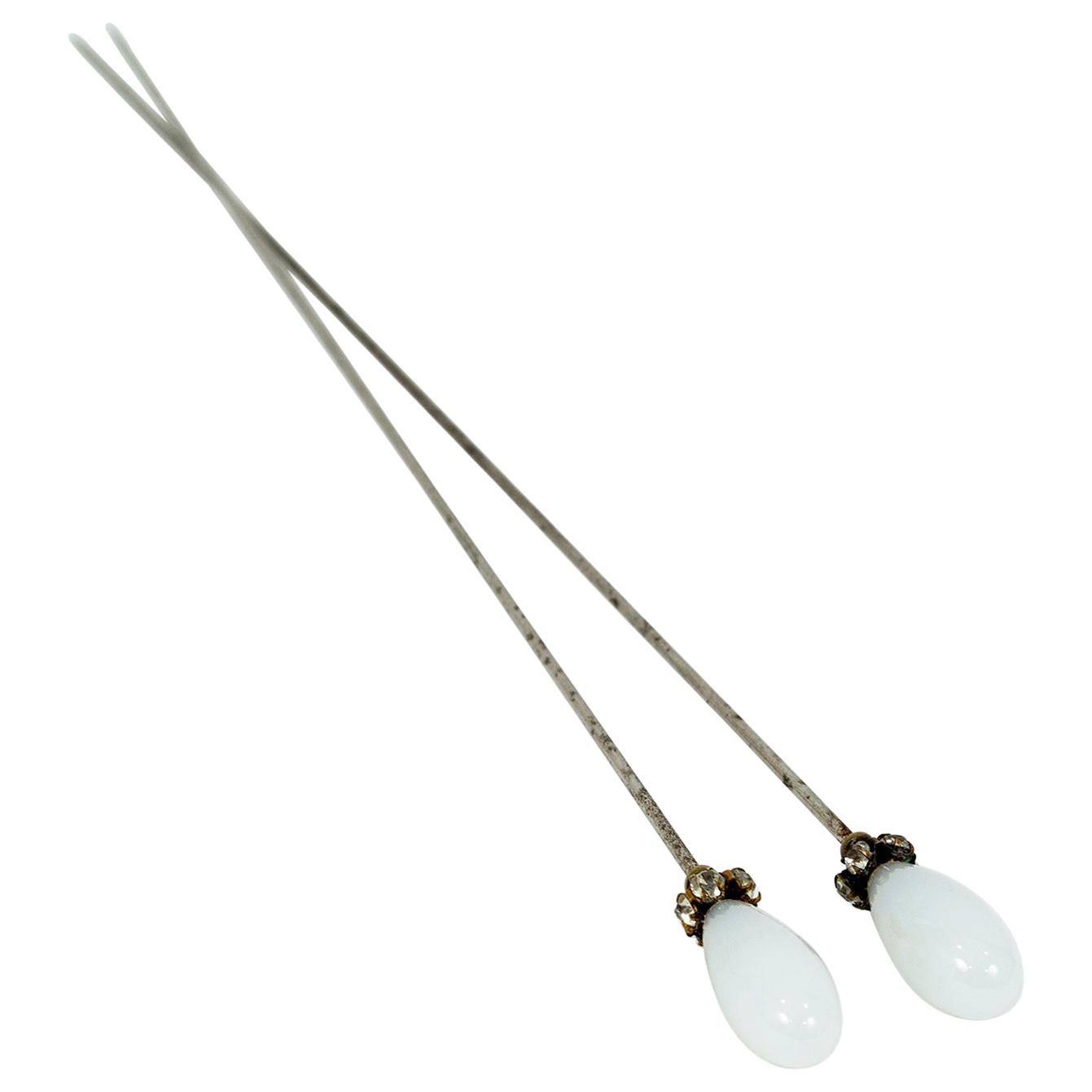 Set of Two Extra Long Victorian Milk Glass Teardrop Hat Pins with Crystals, 1900 For Sale