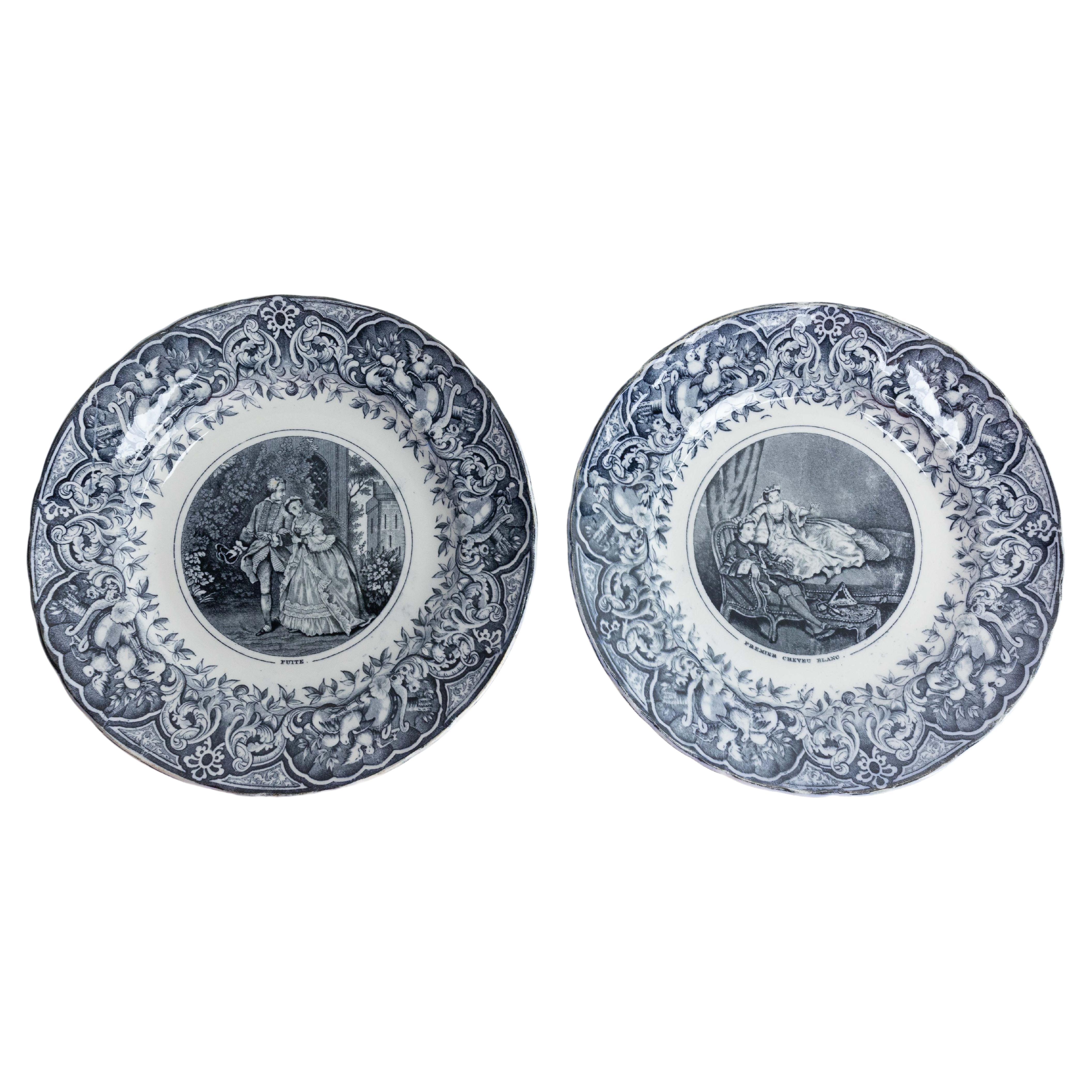 Set of Two Faience Plates Gallant Scenes, Bordeaux France, Late 19th Century For Sale