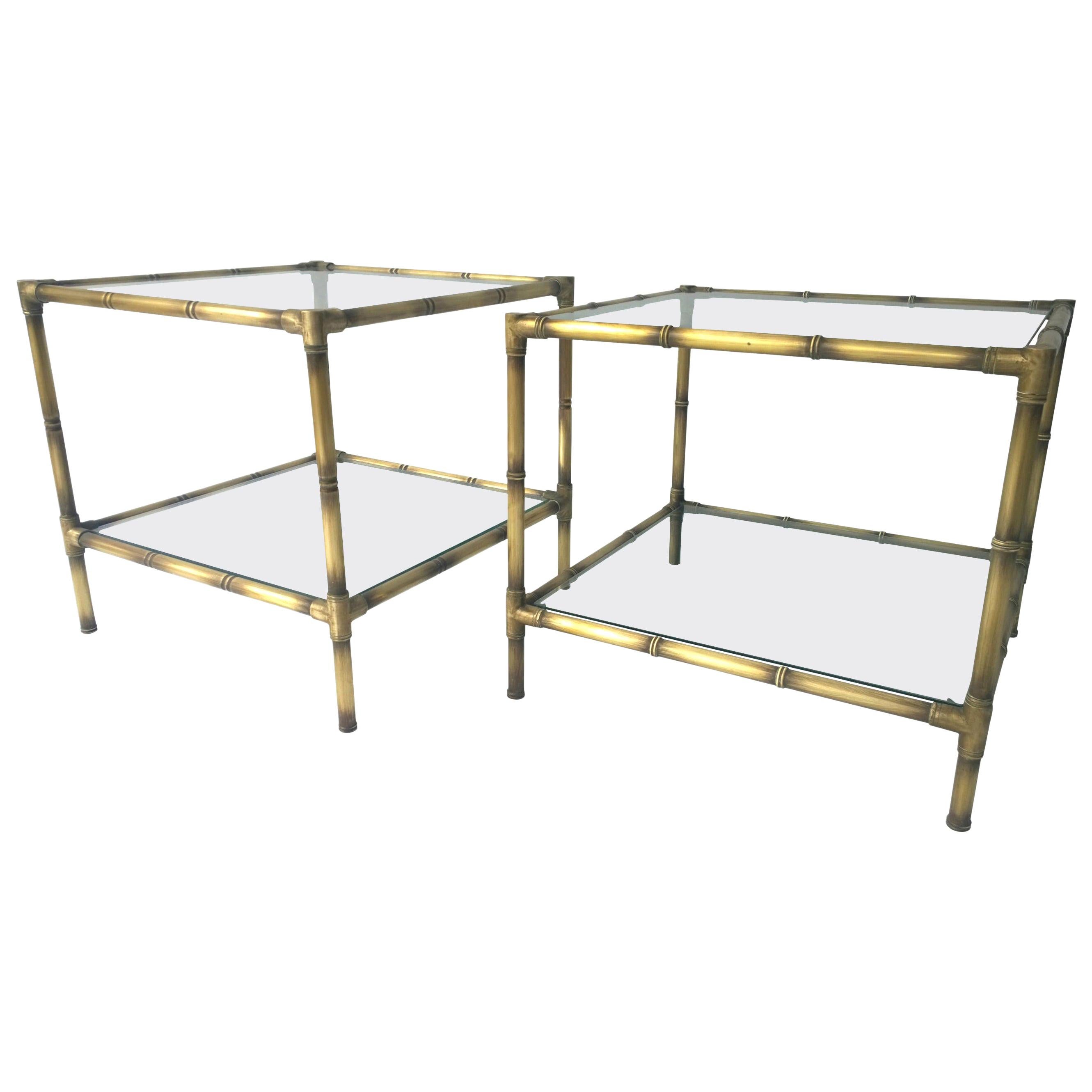 Set of Two Faux Bamboo Brushed Brass and Glass Side Tables or End Tables For Sale