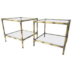 Set of Two Faux Bamboo Brushed Brass and Glass Side Tables or End Tables