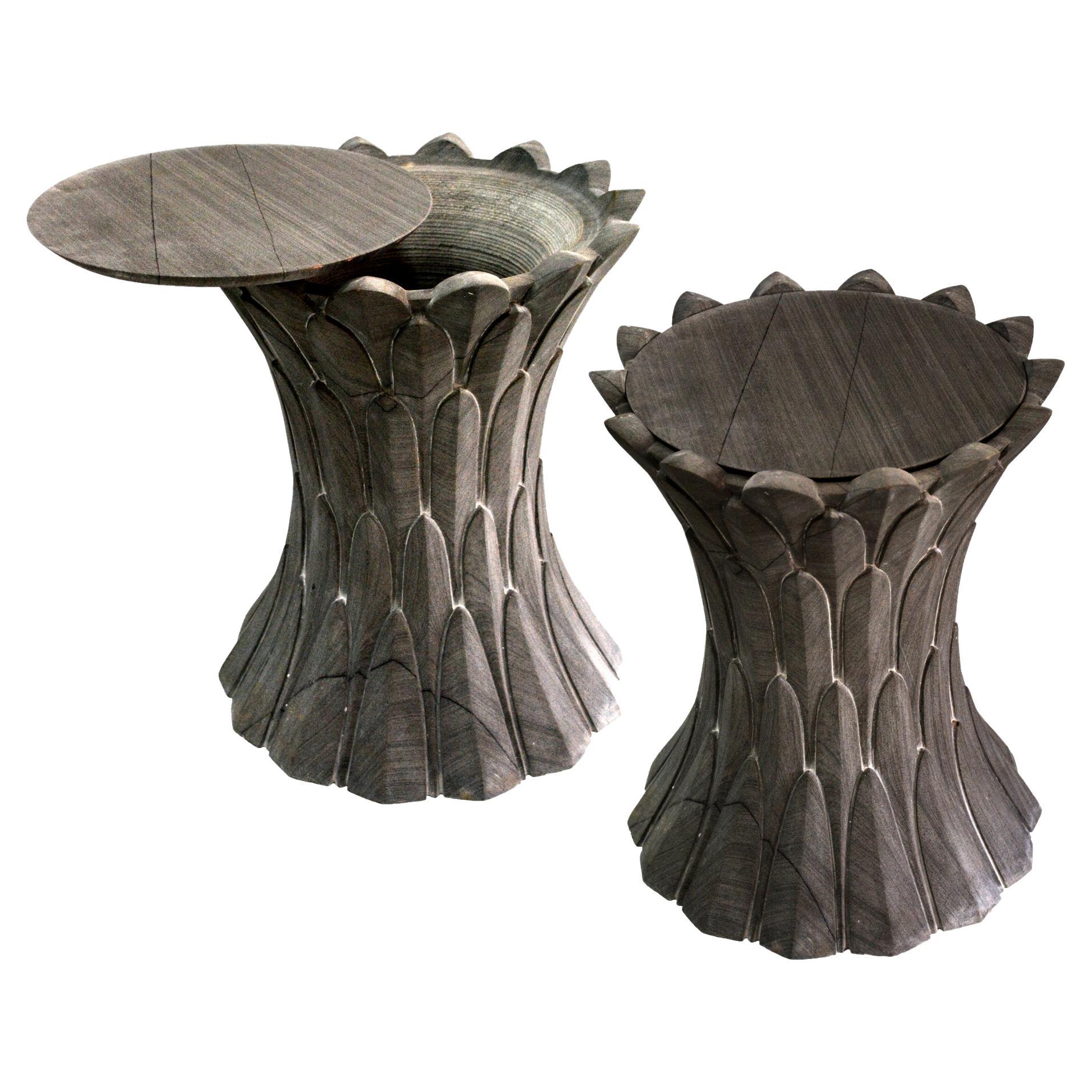 Set of Two Feathers Side Tables in Agra Grey Stone Handcrafted in India For Sale