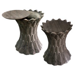 Set of Two Feathers Side Tables in Agra Grey Stone Handcrafted in India