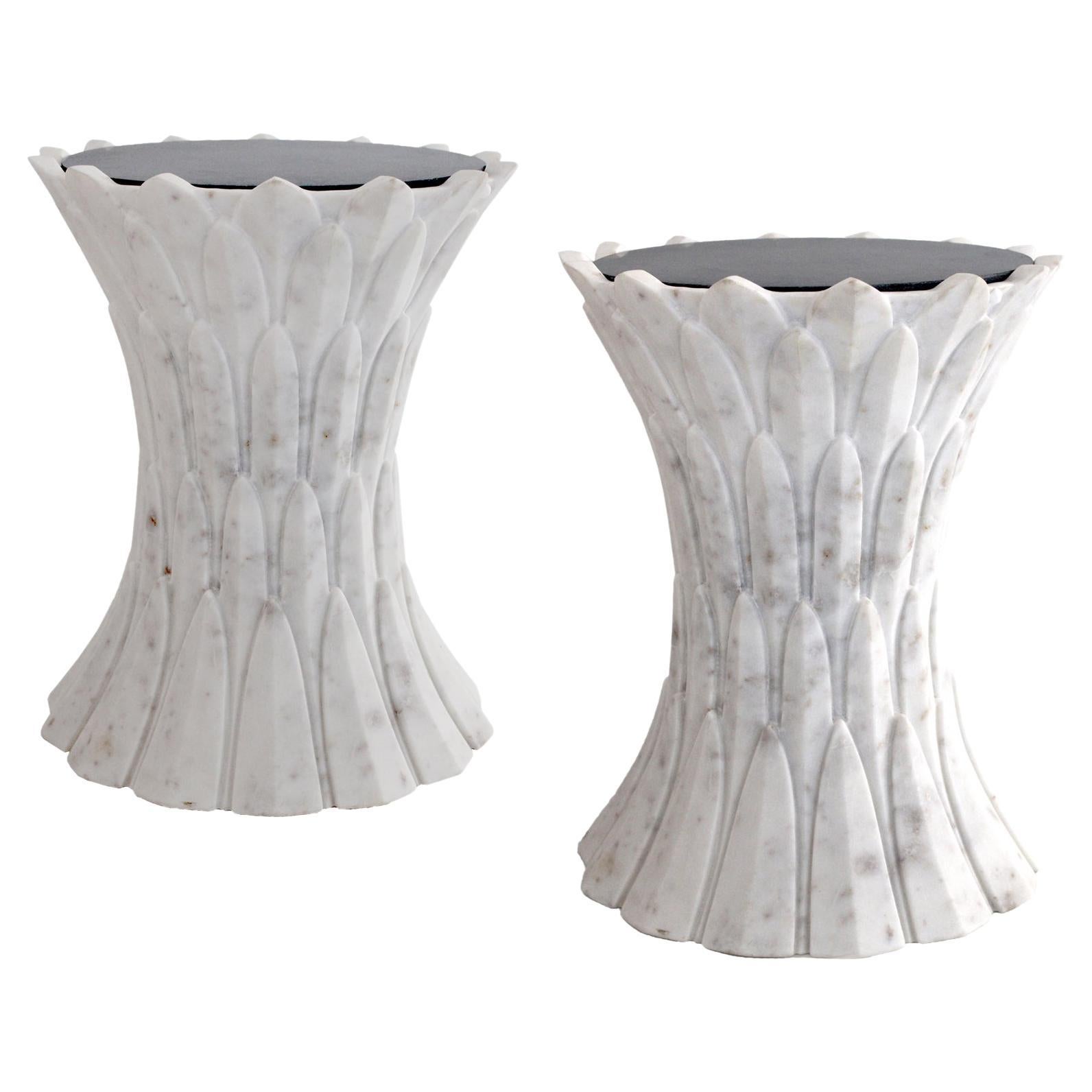 Set of Two Feathers Side Tables in Agra White Marble Handcrafted in India