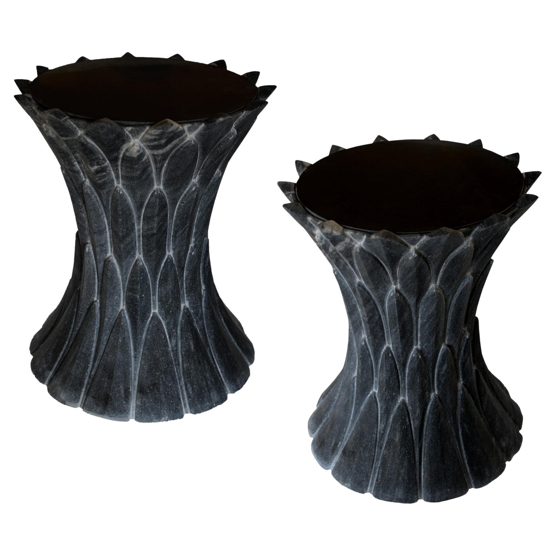 Set of Two Feathers Side Tables in Beslana Black Marble Handcrafted in India For Sale
