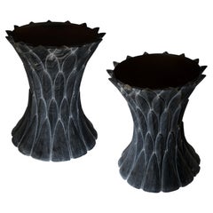 Set of Two Feathers Side Tables in Beslana Black Marble Handcrafted in India