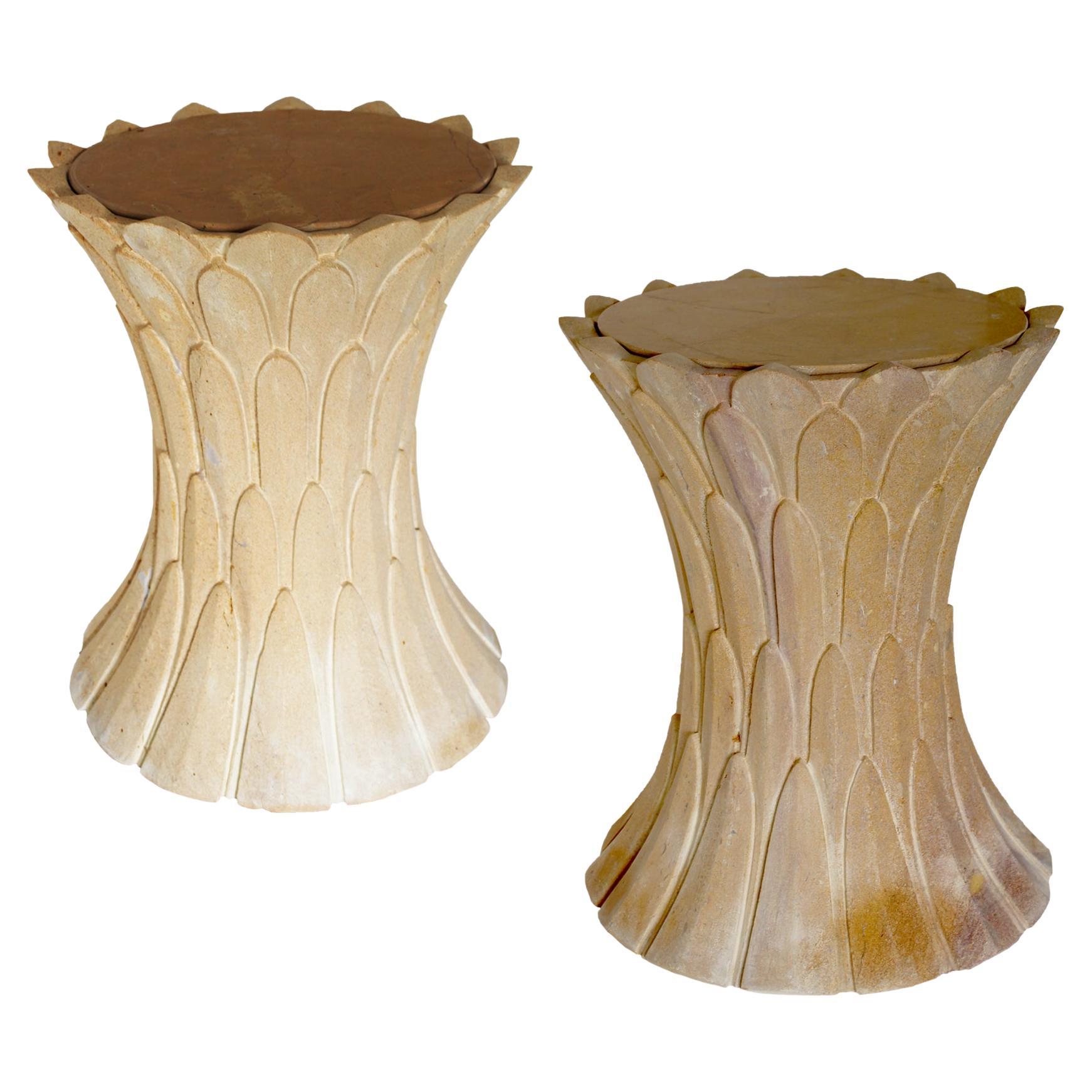 Set of Two Feathers Side Tables in Jaisalmer Stone Handcrafted in India For Sale