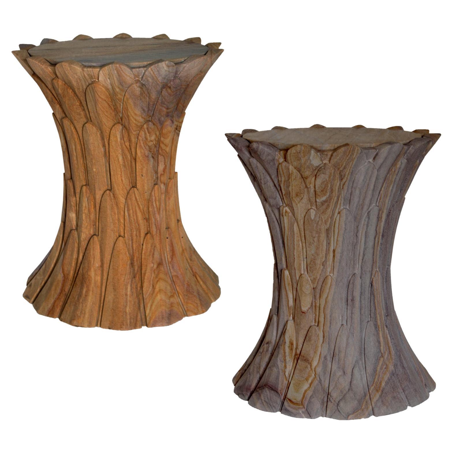 Set of Two Feathers Side Tables in Rainbow Teakwood Stone Handcrafted in India