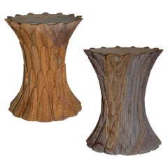 Set of Two Feathers Side Tables in Rainbow Teakwood Stone Handcrafted in India