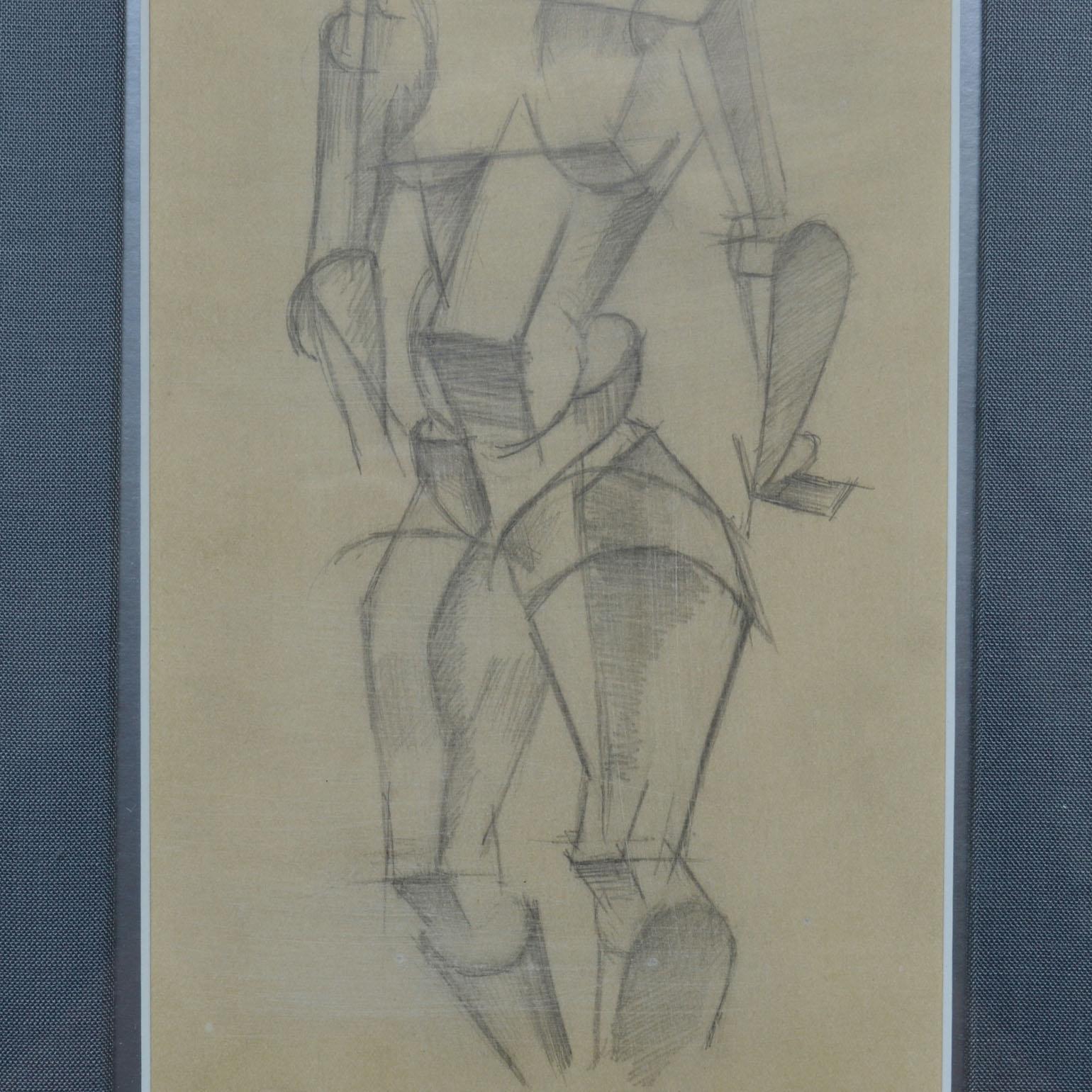 Female nude drawings in Cubist style are early 20th century drawn in pencil and framed with grey linen passe par-tout. In these drawings foreshortening, modelling, movement and chiaroscuro, (use of contrasts of light to achieve a sense of volume in