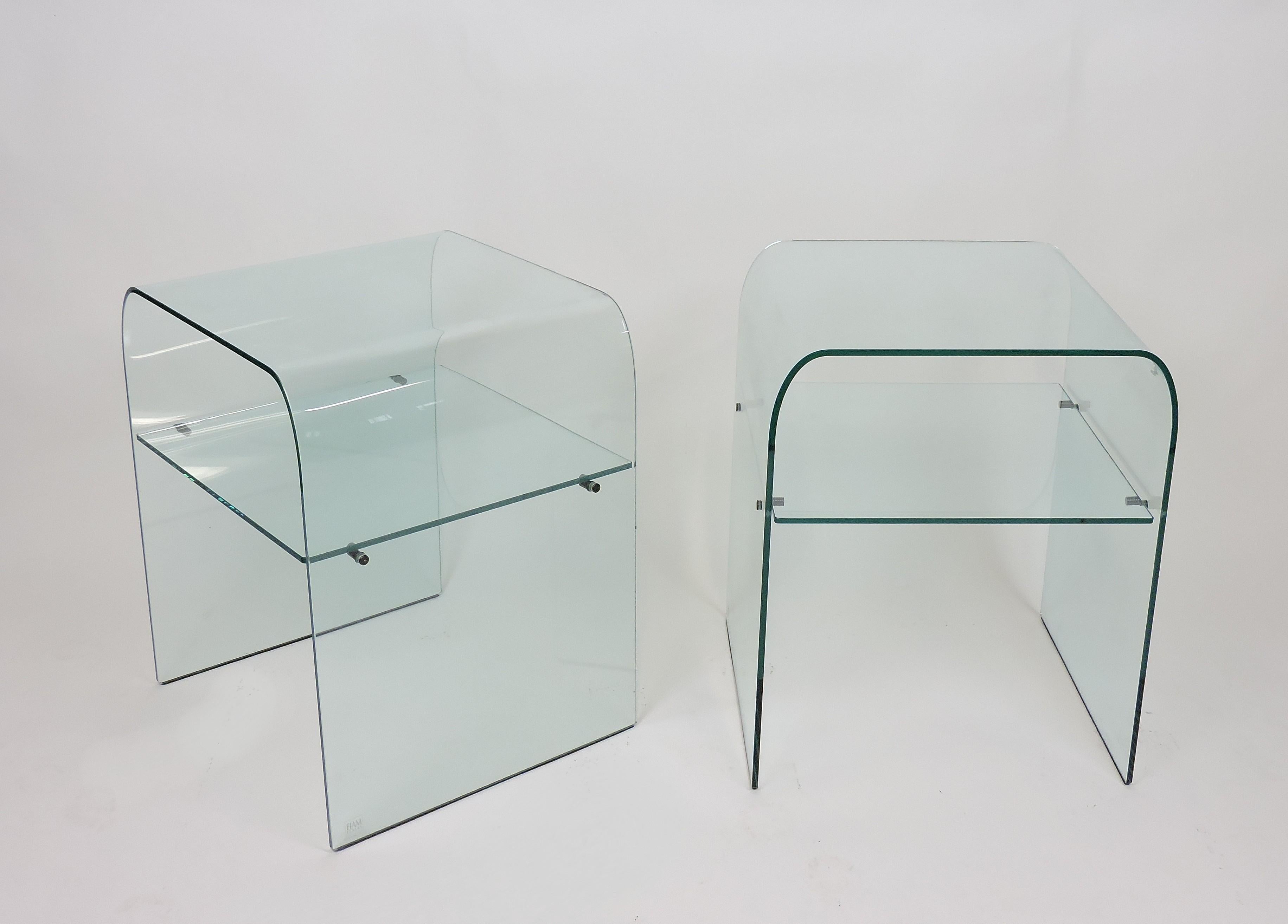 Set of Two FIAM Italia Clear Glass End Tables or Nightstands with Shelves 3